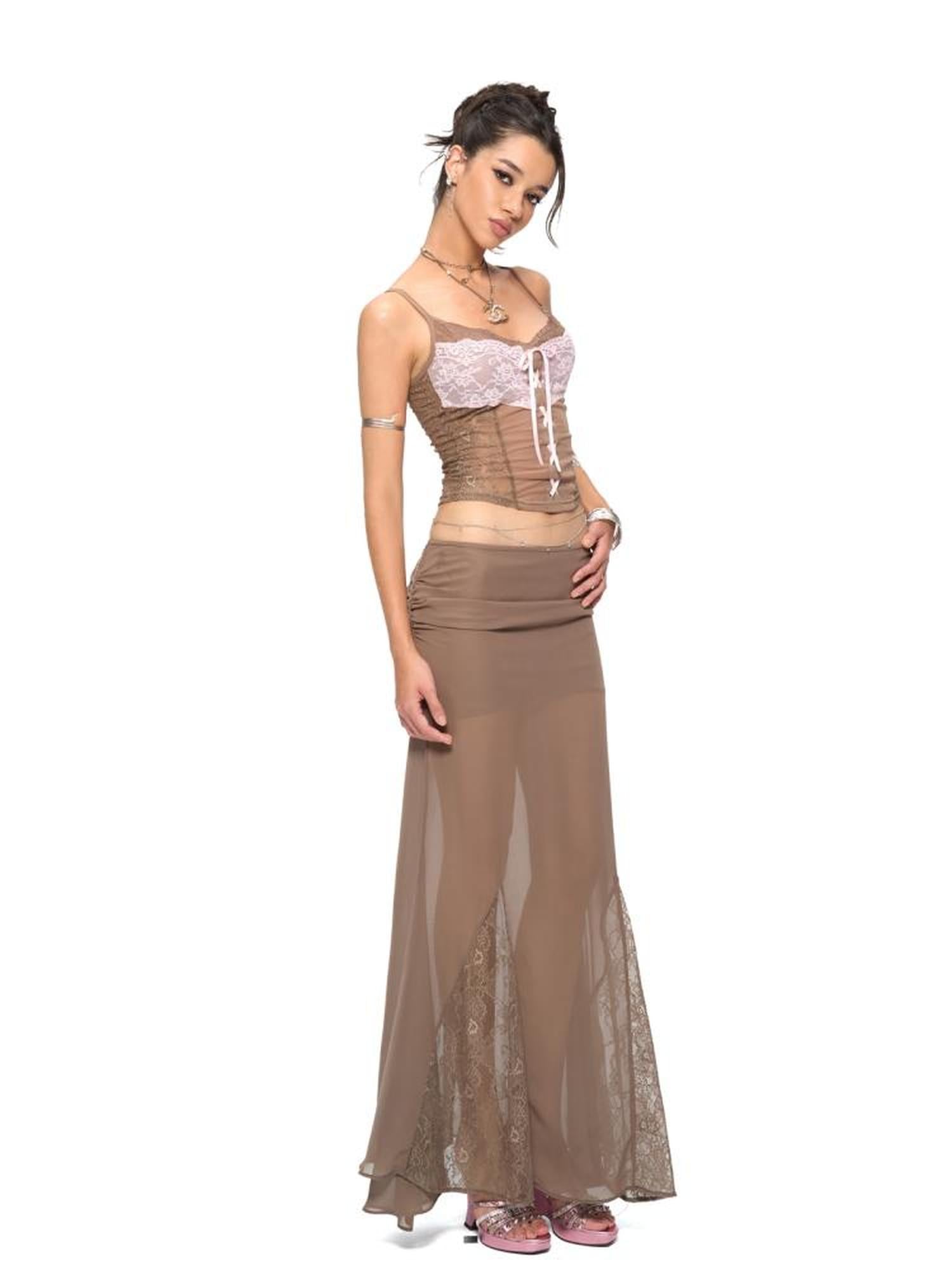 JYOSEI Brown Layered Chiffon Mermaid Maxi Skirt with Lace Trim