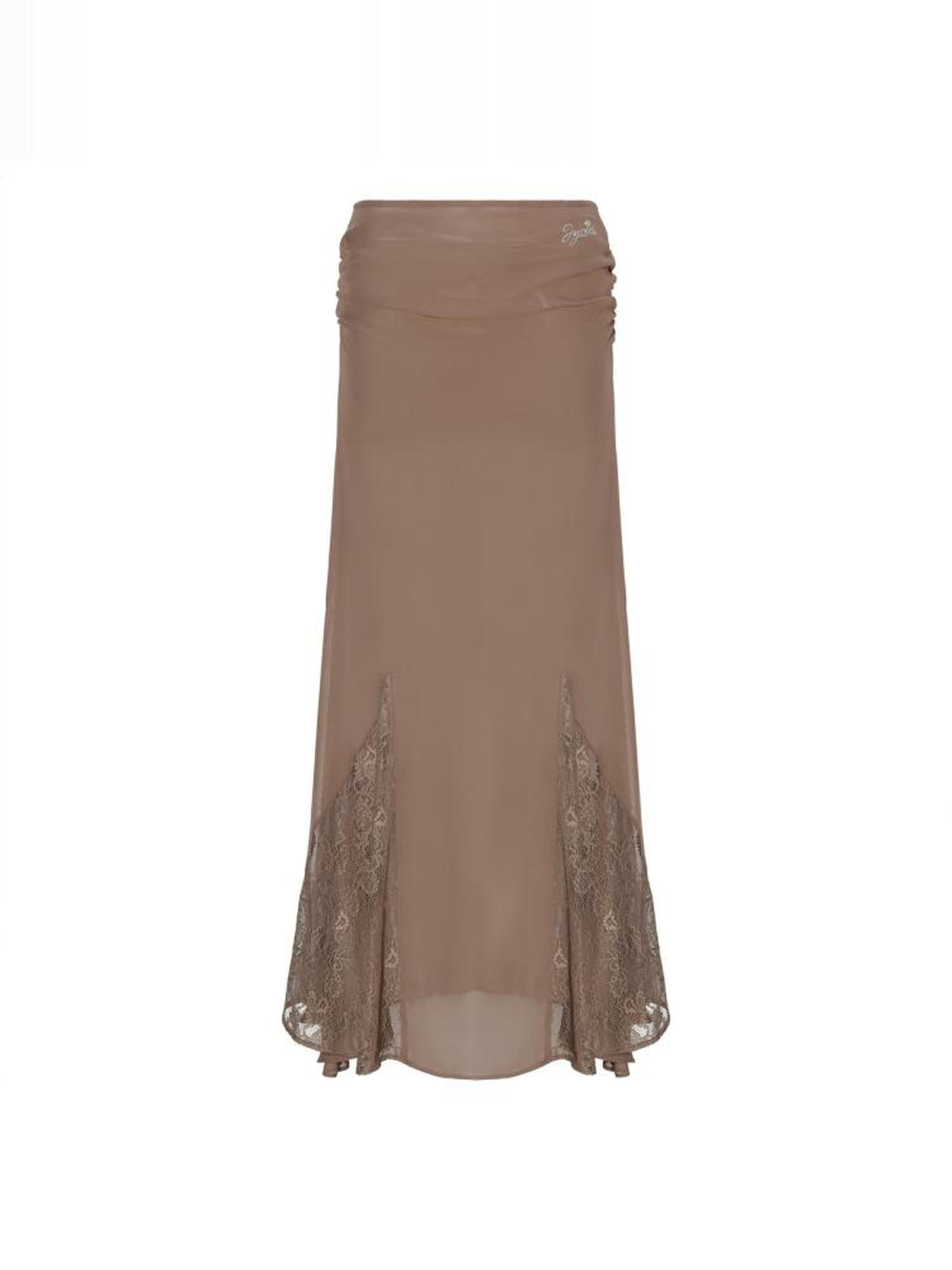 JYOSEI Brown Layered Chiffon Mermaid Maxi Skirt with Lace Trim