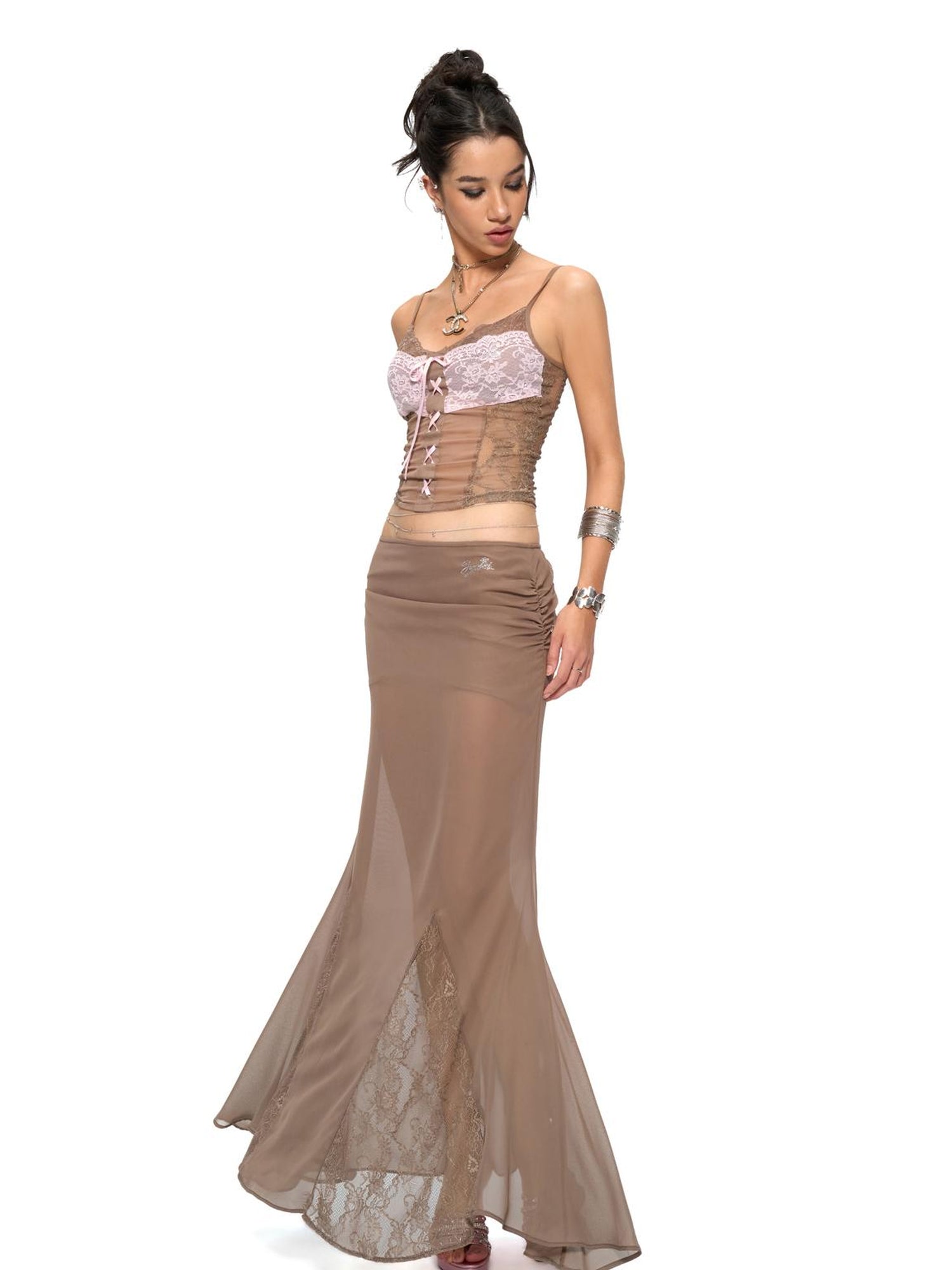 JYOSEI Brown Layered Chiffon Mermaid Maxi Skirt with Lace Trim