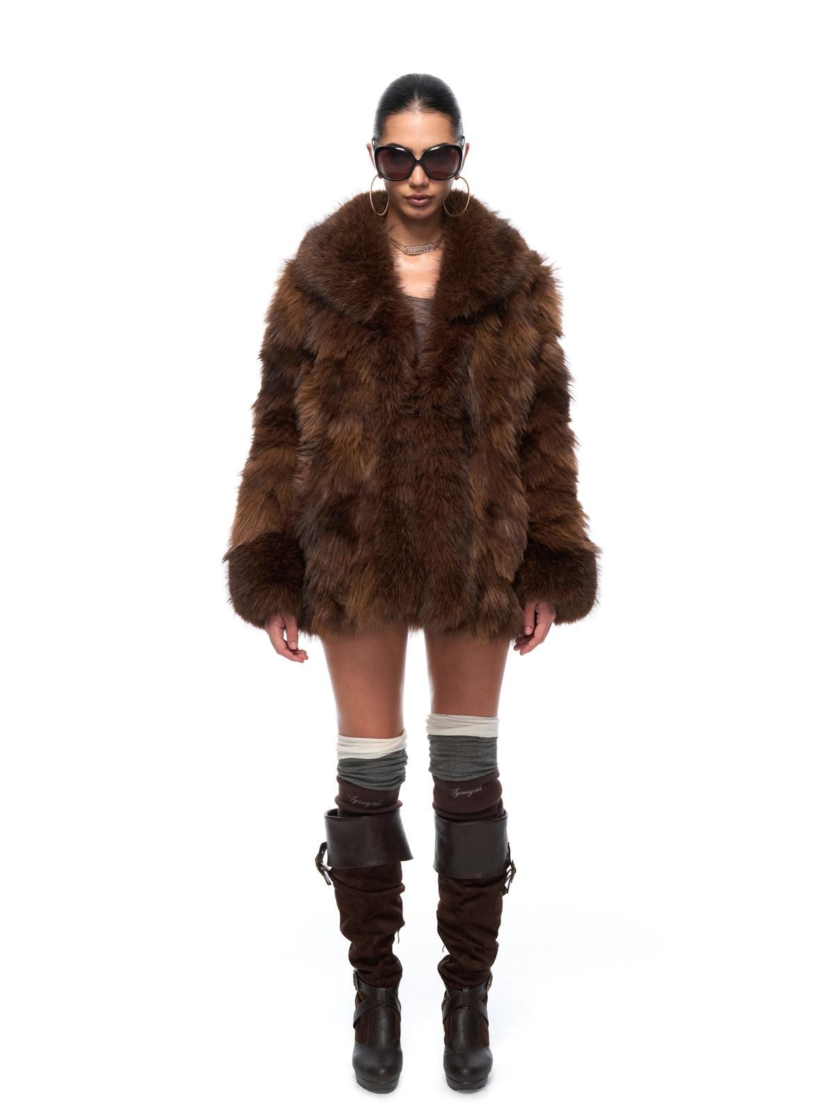 JYOSEI Brown Patchwork Lapel Asymmetric Side Pocket Women&