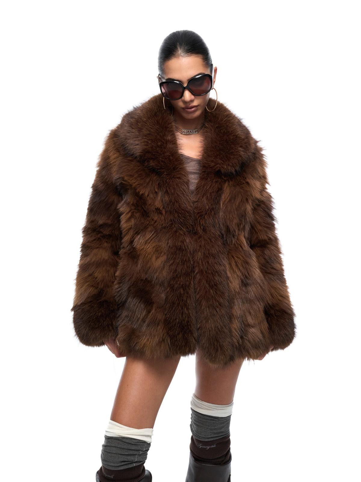 JYOSEI Brown Patchwork Lapel Asymmetric Side Pocket Women&