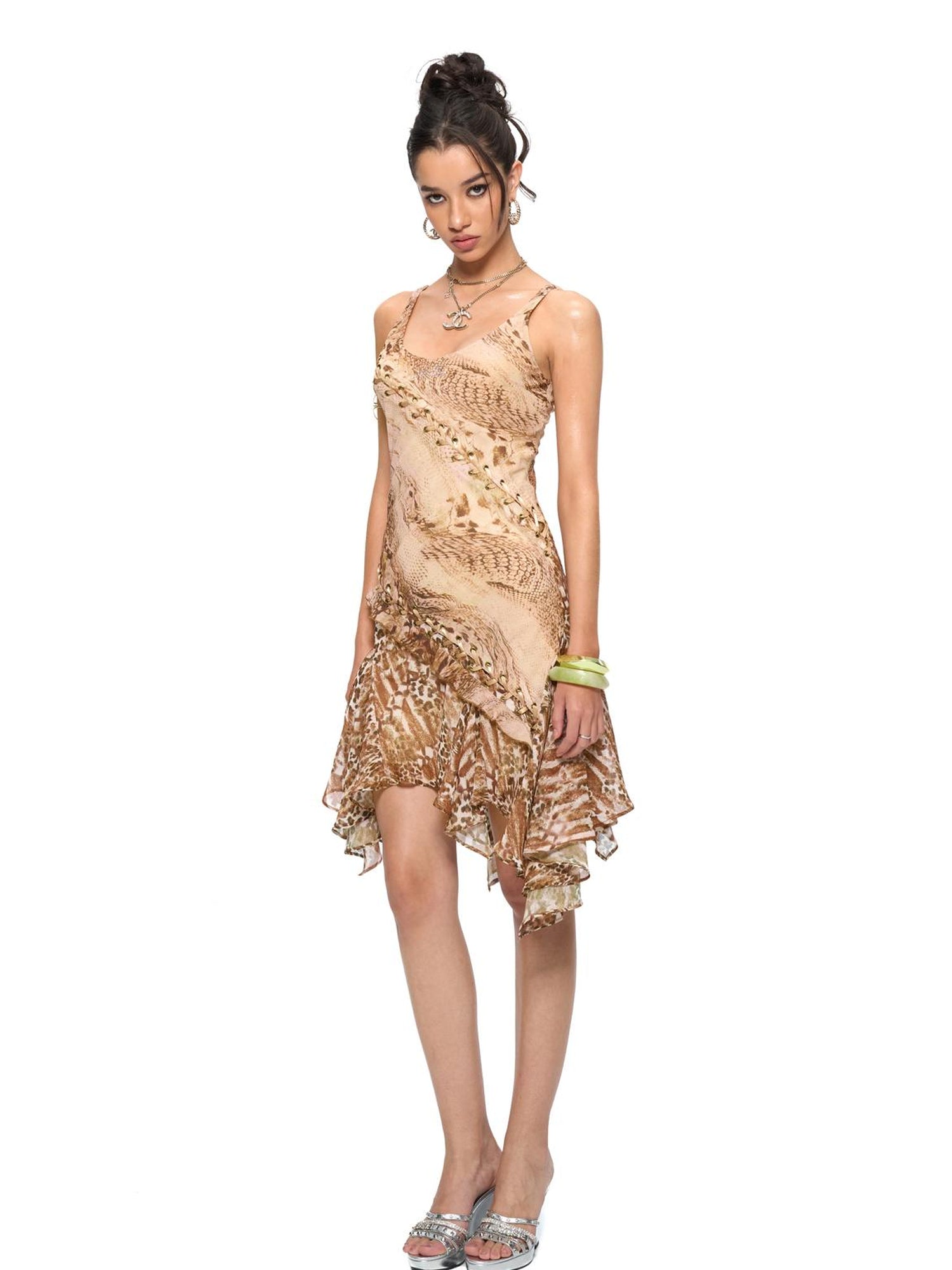 JYOSEI Brown Patchwork Ruffle Hem Chiffon Slip Dress With Lace Up Detail