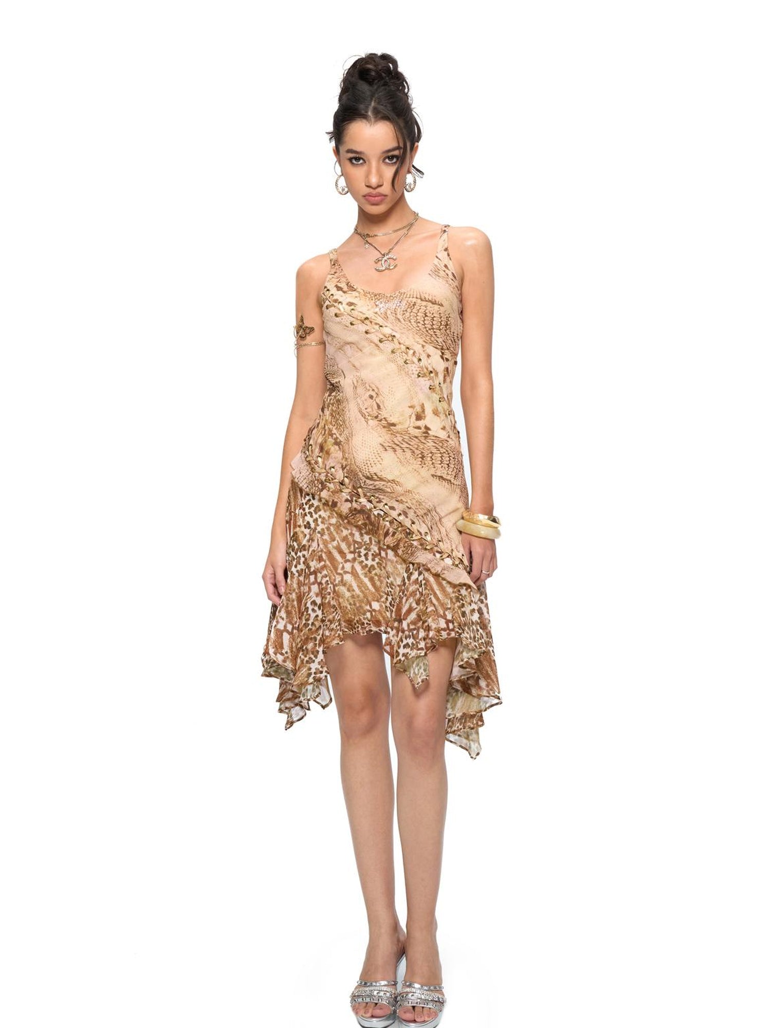 JYOSEI Brown Patchwork Ruffle Hem Chiffon Slip Dress With Lace Up Detail