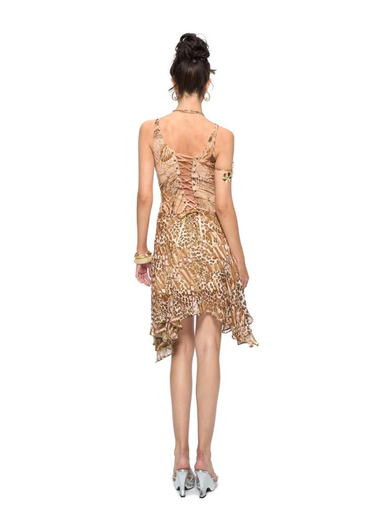 JYOSEI Brown Patchwork Ruffle Hem Chiffon Slip Dress With Lace Up Detail