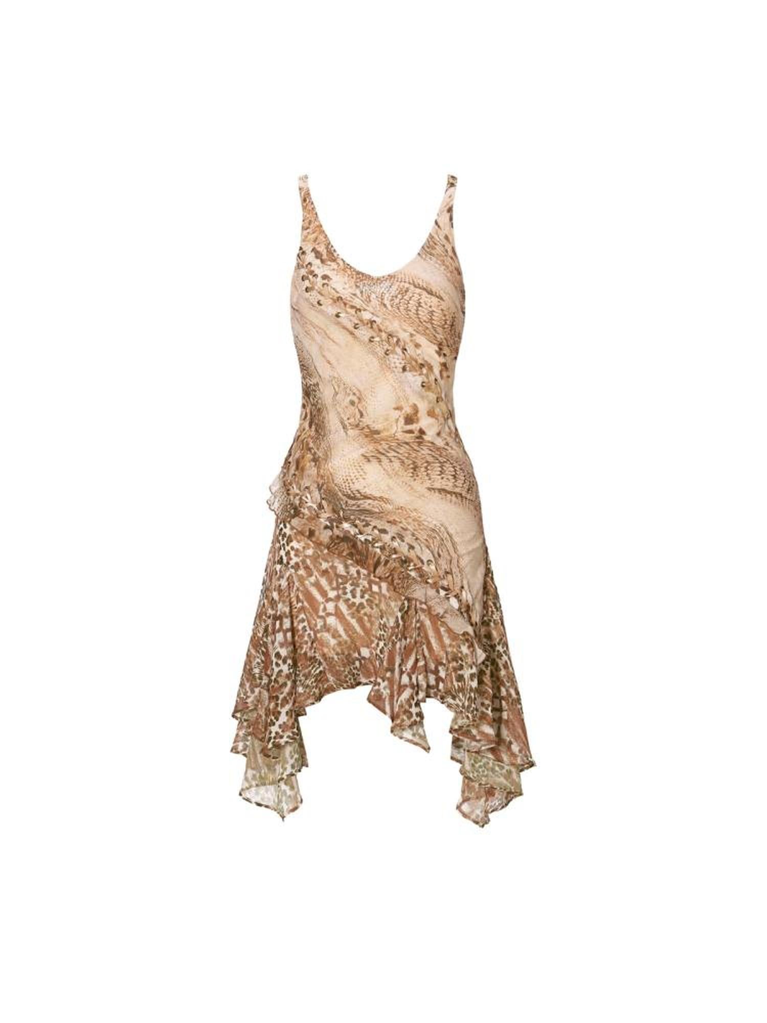 JYOSEI Brown Patchwork Ruffle Hem Chiffon Slip Dress With Lace Up Detail