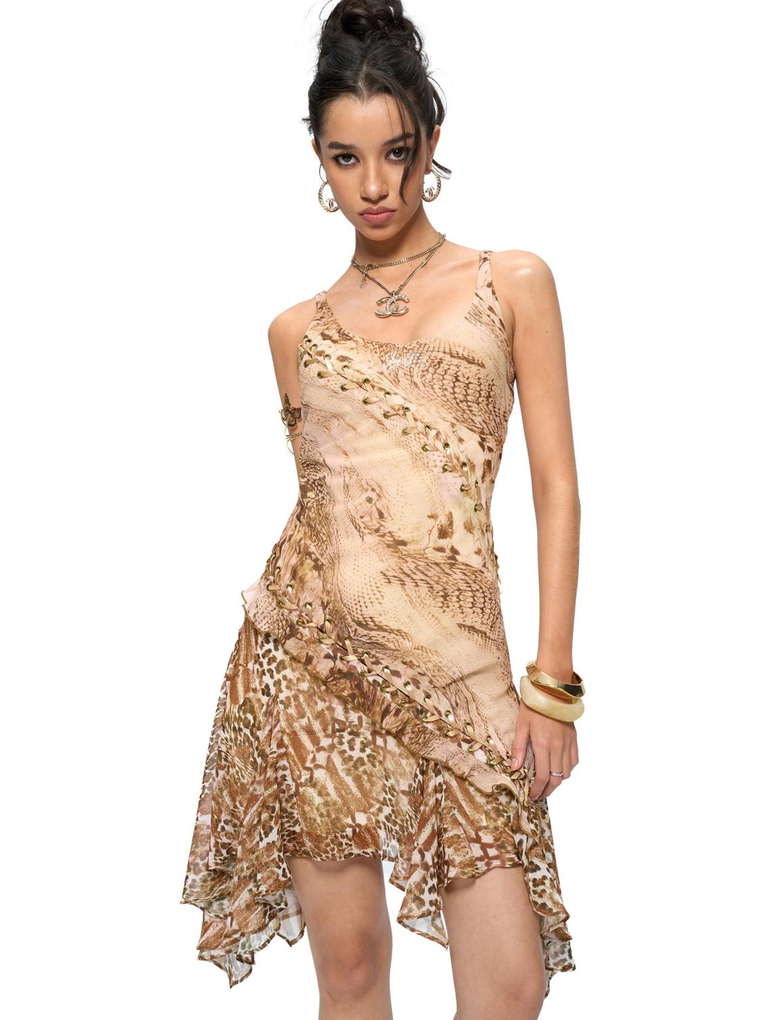 JYOSEI Brown Patchwork Ruffle Hem Chiffon Slip Dress With Lace Up Detail