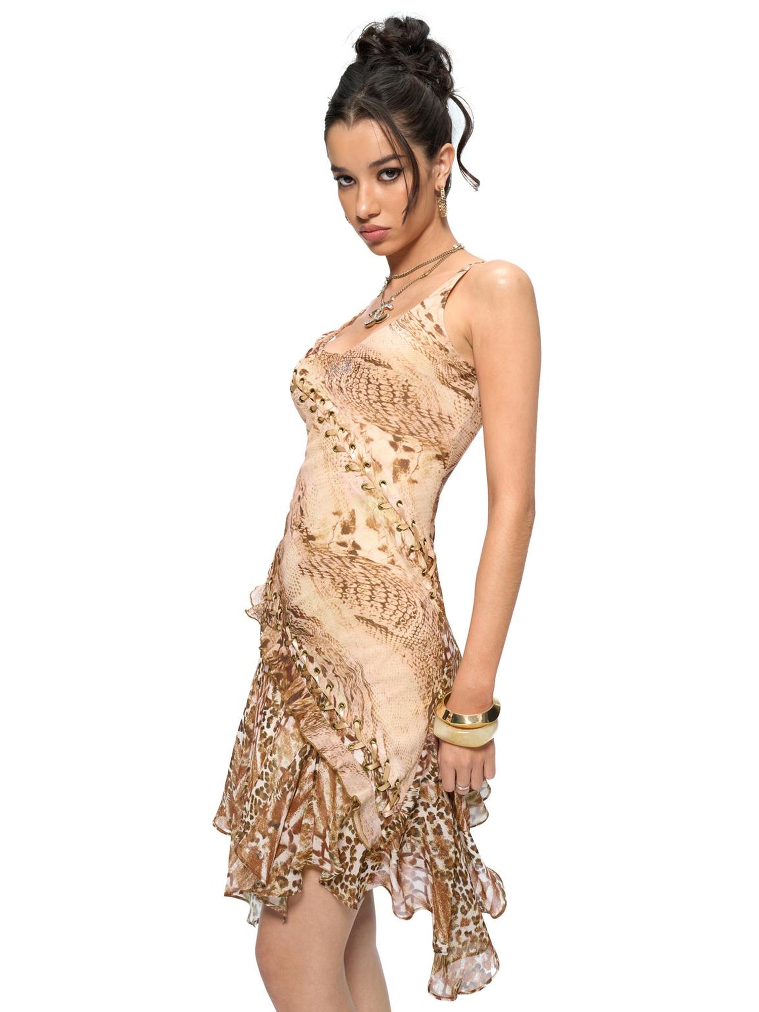 JYOSEI Brown Patchwork Ruffle Hem Chiffon Slip Dress With Lace Up Detail