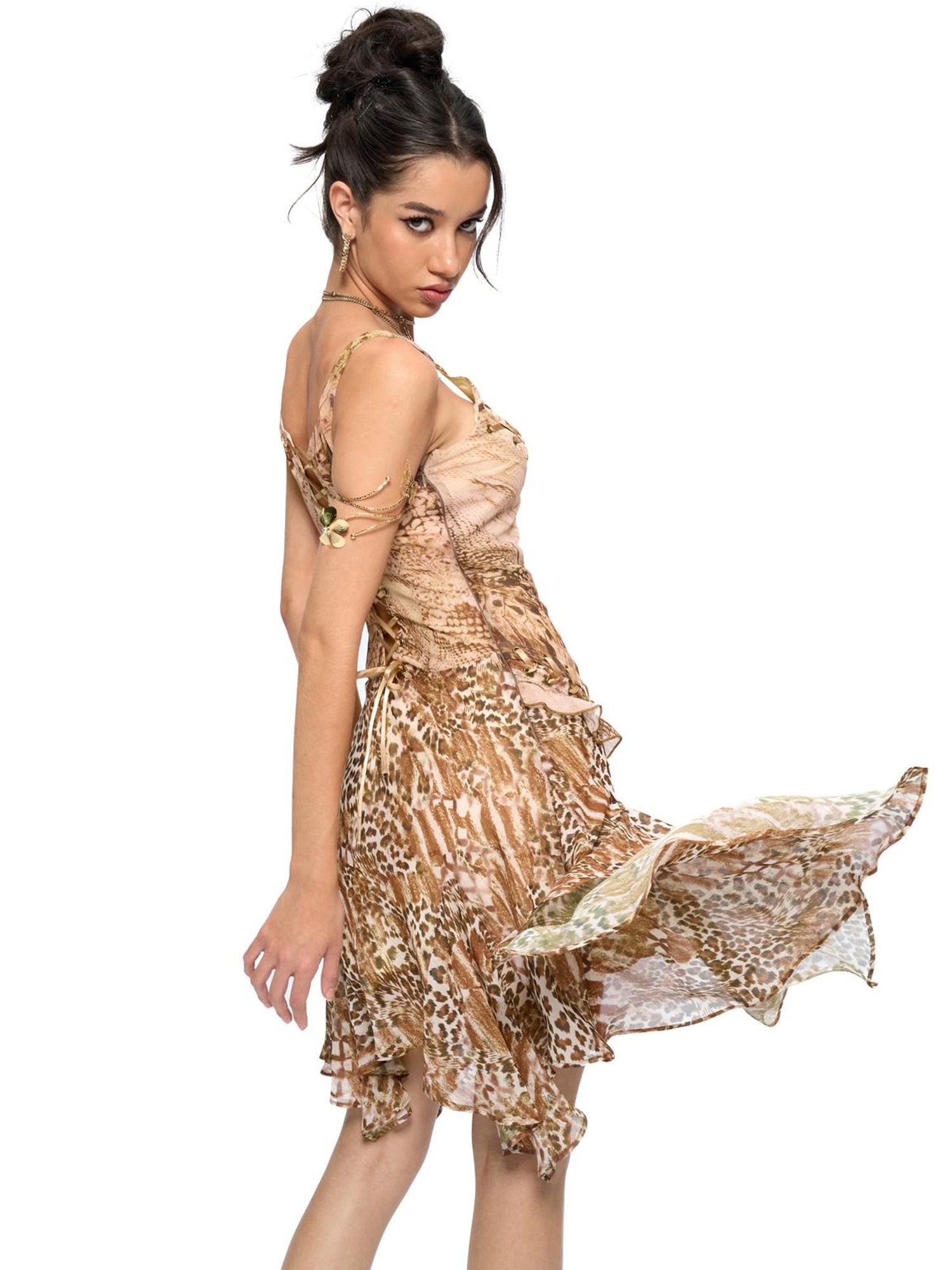 JYOSEI Brown Patchwork Ruffle Hem Chiffon Slip Dress With Lace Up Detail