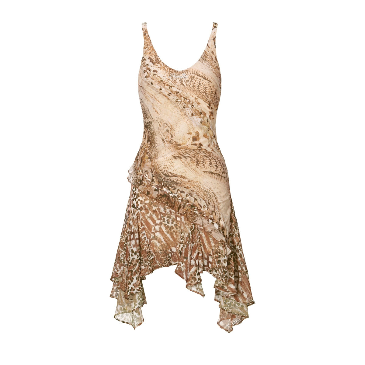 JYOSEI_Brown_Patchwork_Ruffle_Hem_Chiffon_Slip_Dress_With_Lace_Up_Detail_MISSTT