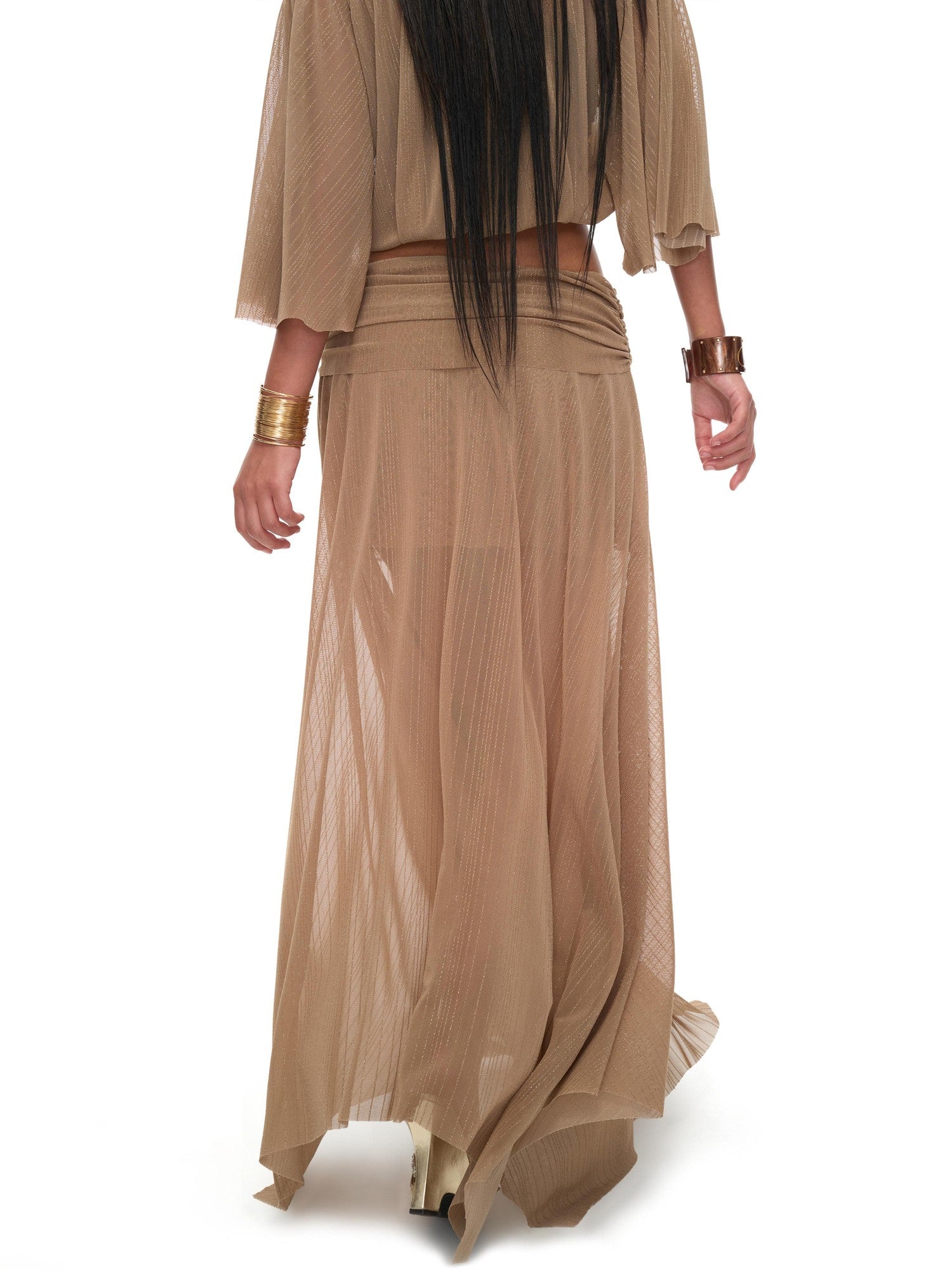 JYOSEI Brown Sheer Mesh Slit Off Shoulder Bell Sleeve Women&