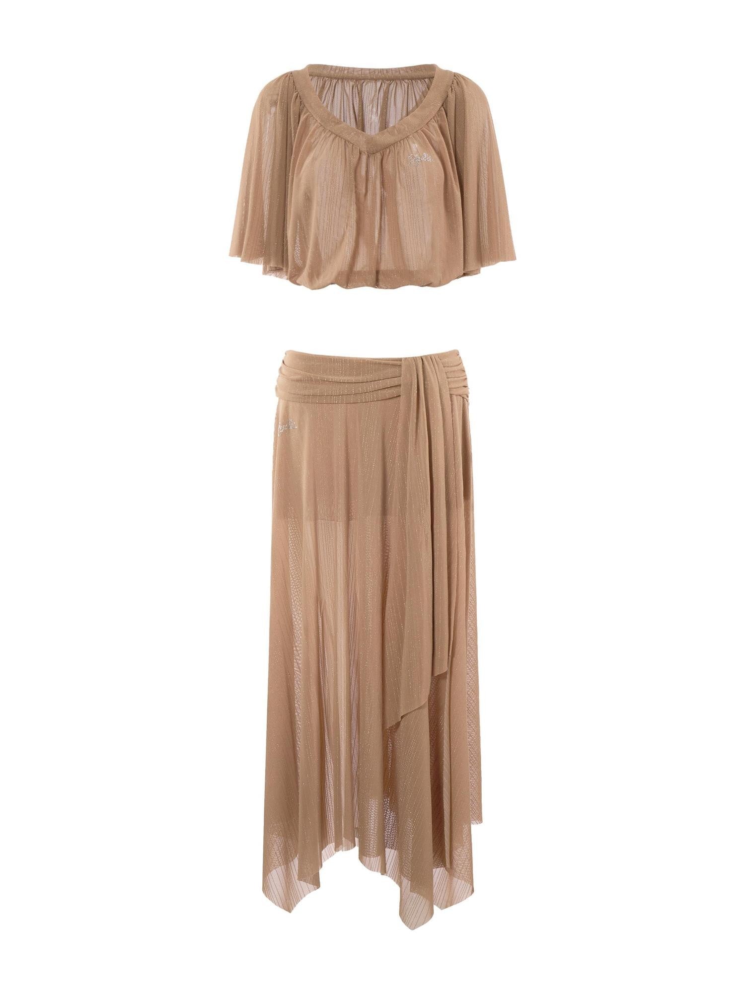 JYOSEI Brown Sheer Mesh Slit Off Shoulder Bell Sleeve Women&