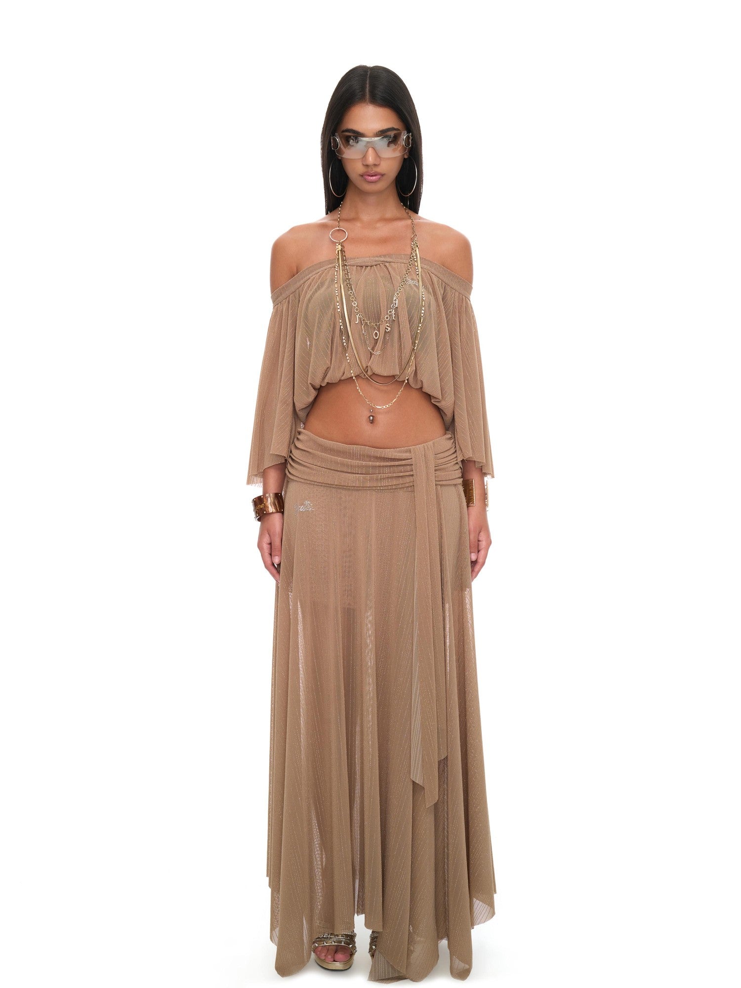 JYOSEI Brown Sheer Mesh Slit Off Shoulder Bell Sleeve Women&