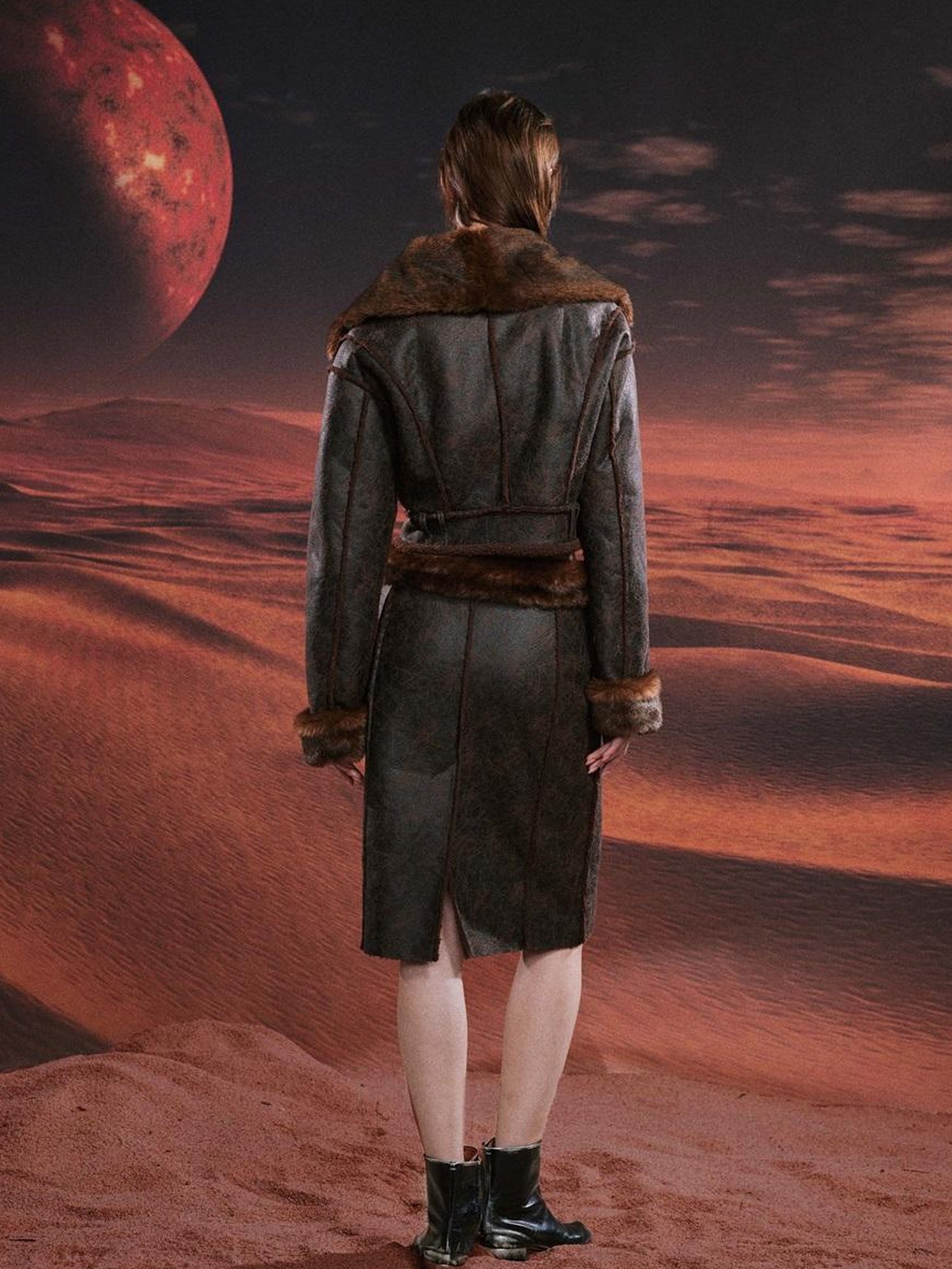 JYOSEI Brown Suede Like Faux Shearling Top And Skirt Set