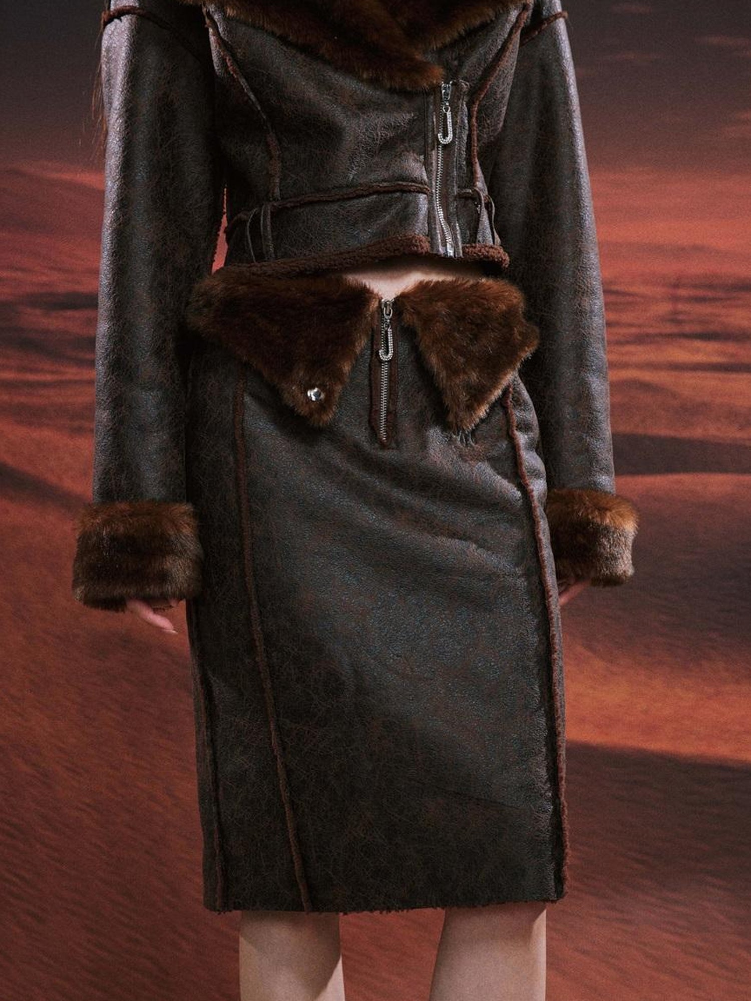 JYOSEI Brown Suede Like Faux Shearling Top And Skirt Set