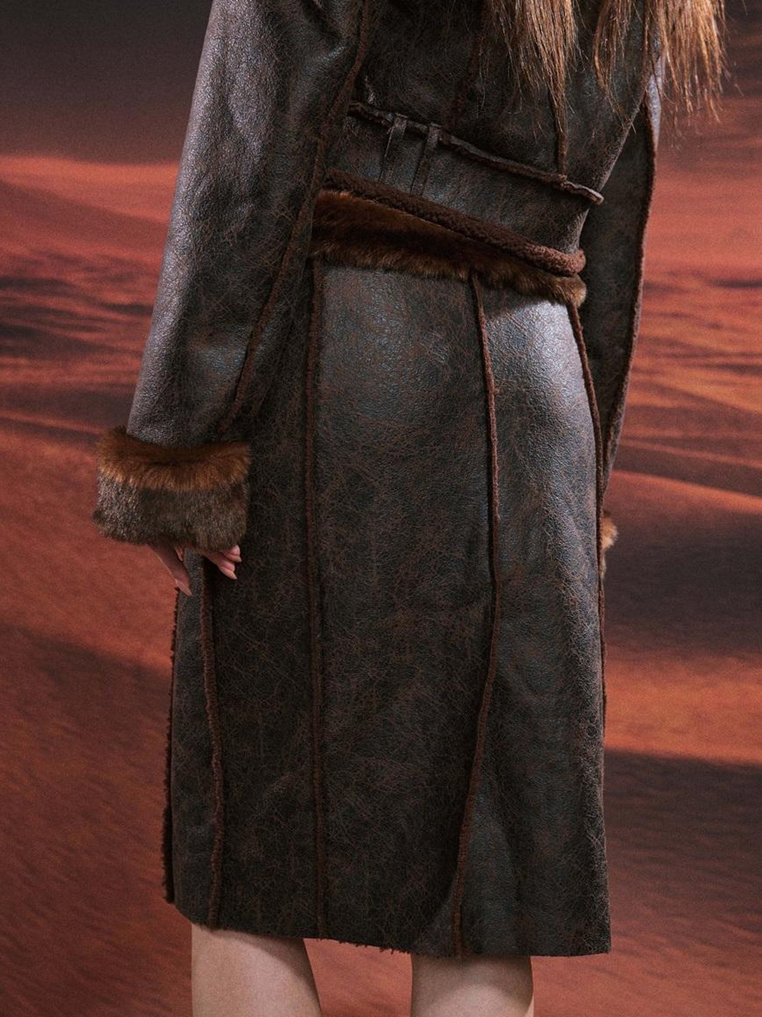 JYOSEI Brown Suede Like Faux Shearling Top And Skirt Set