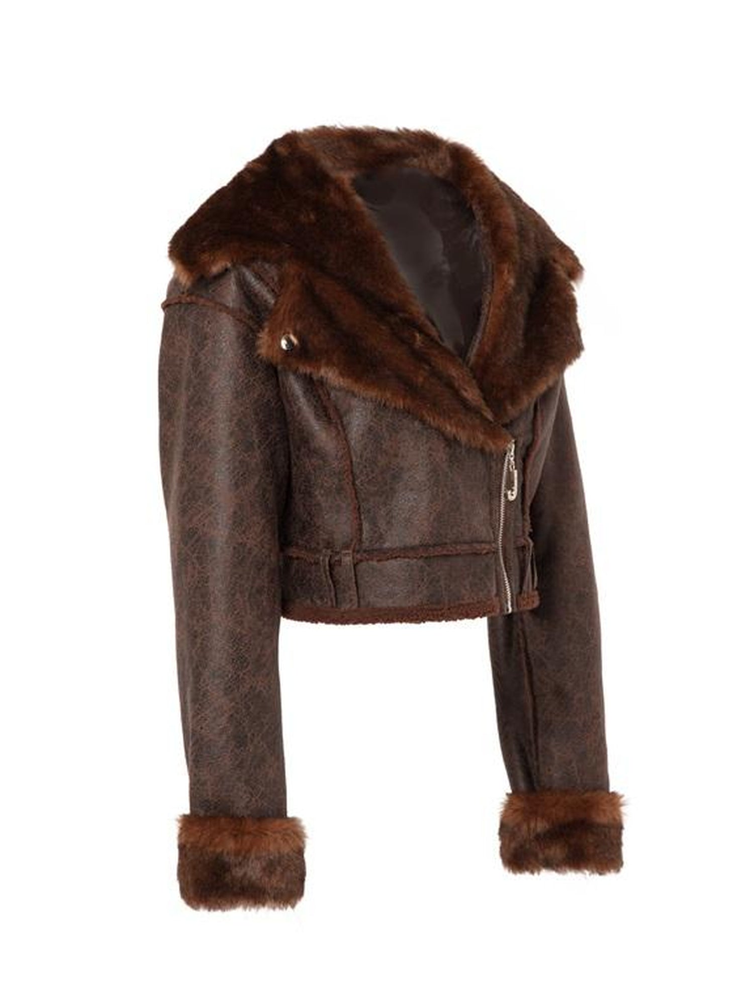 JYOSEI Brown Suede Like Faux Shearling Top And Skirt Set