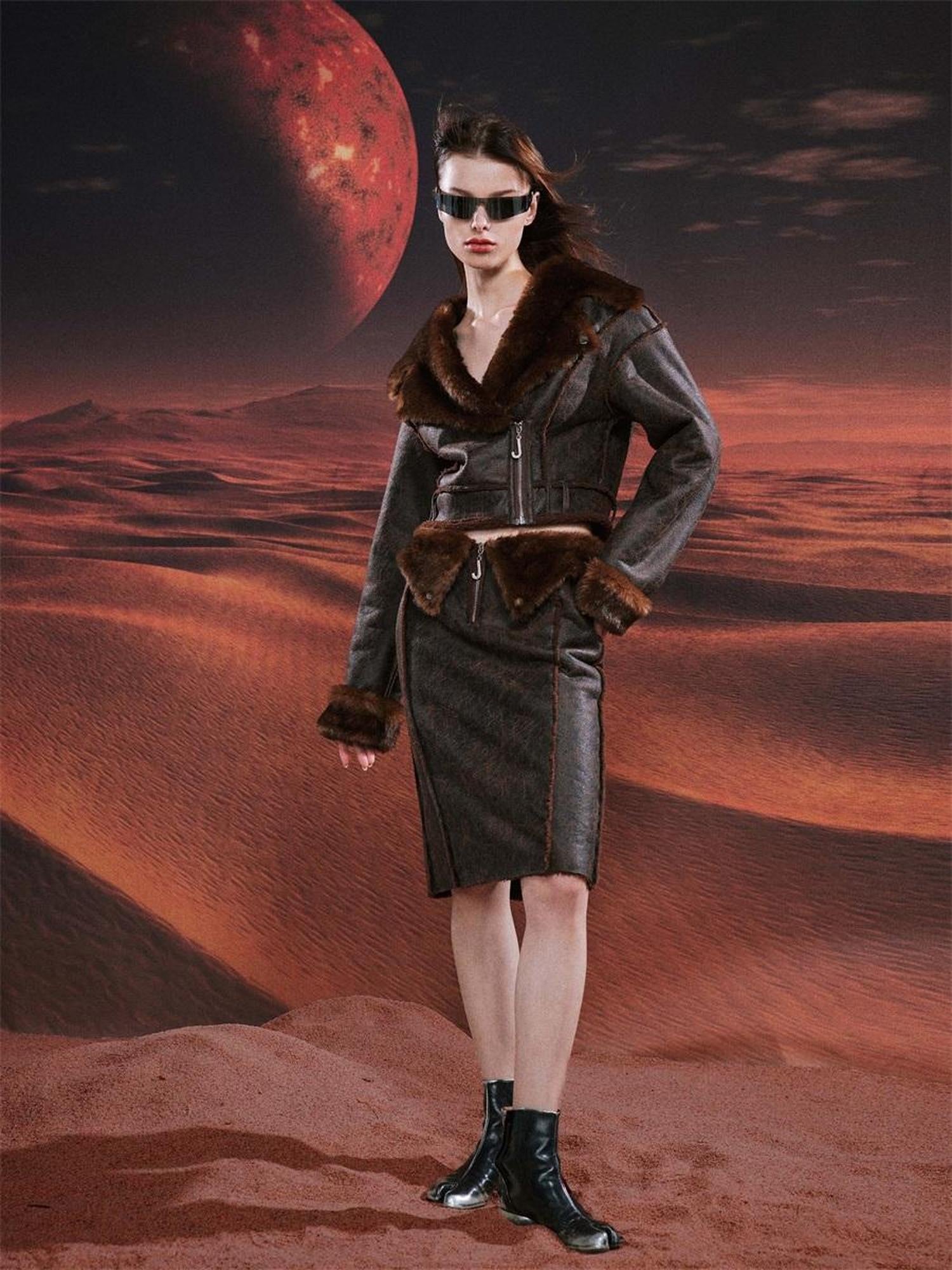 JYOSEI Brown Suede Like Faux Shearling Top And Skirt Set