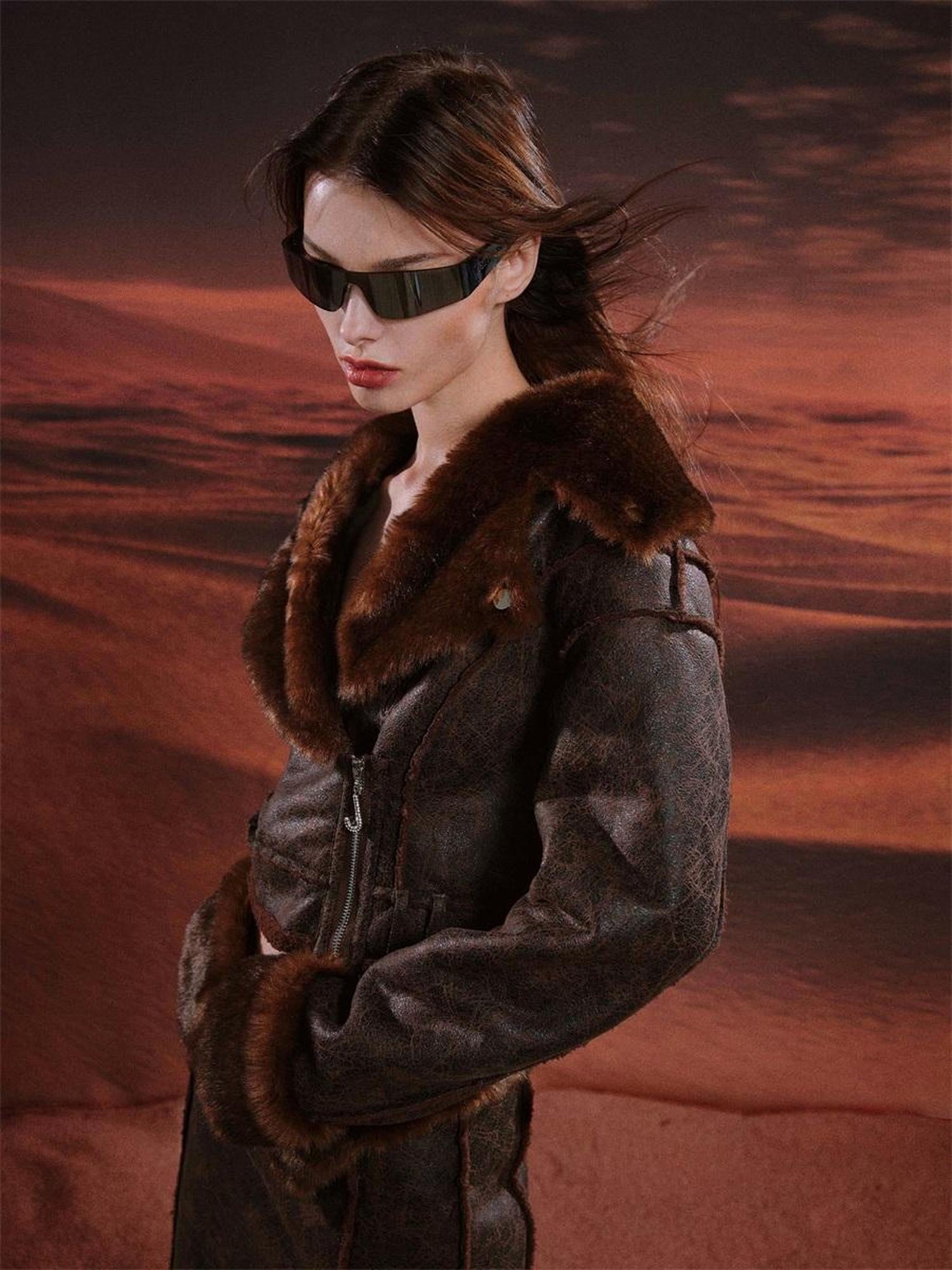 JYOSEI Brown Suede Like Faux Shearling Top And Skirt Set