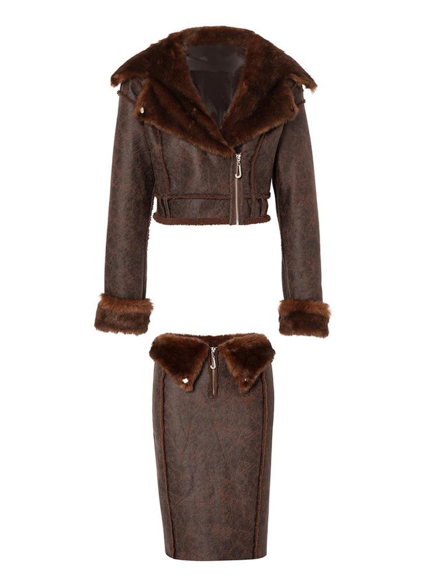 JYOSEI Brown Suede Like Faux Shearling Top And Skirt Set