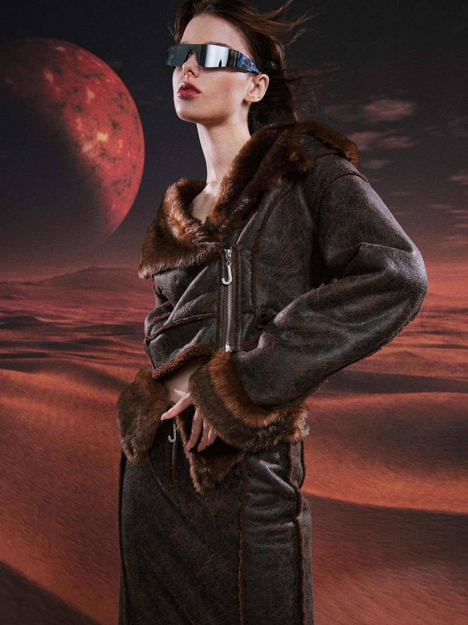 JYOSEI Brown Suede Like Faux Shearling Top And Skirt Set