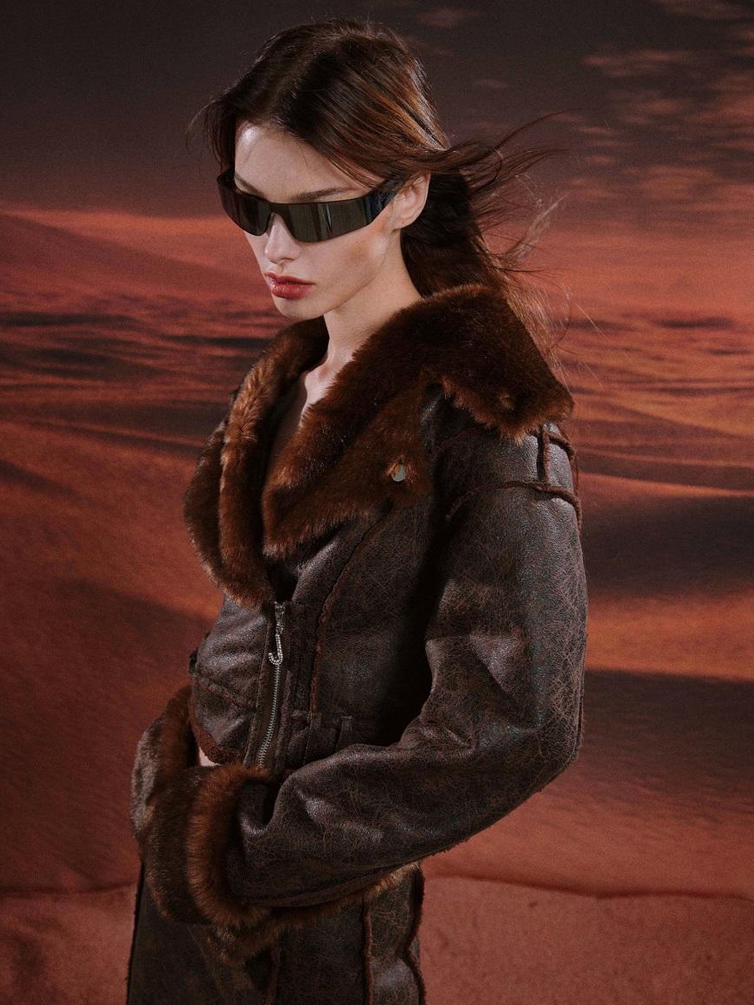 JYOSEI Brown Suede Like Faux Shearling Top And Skirt Set