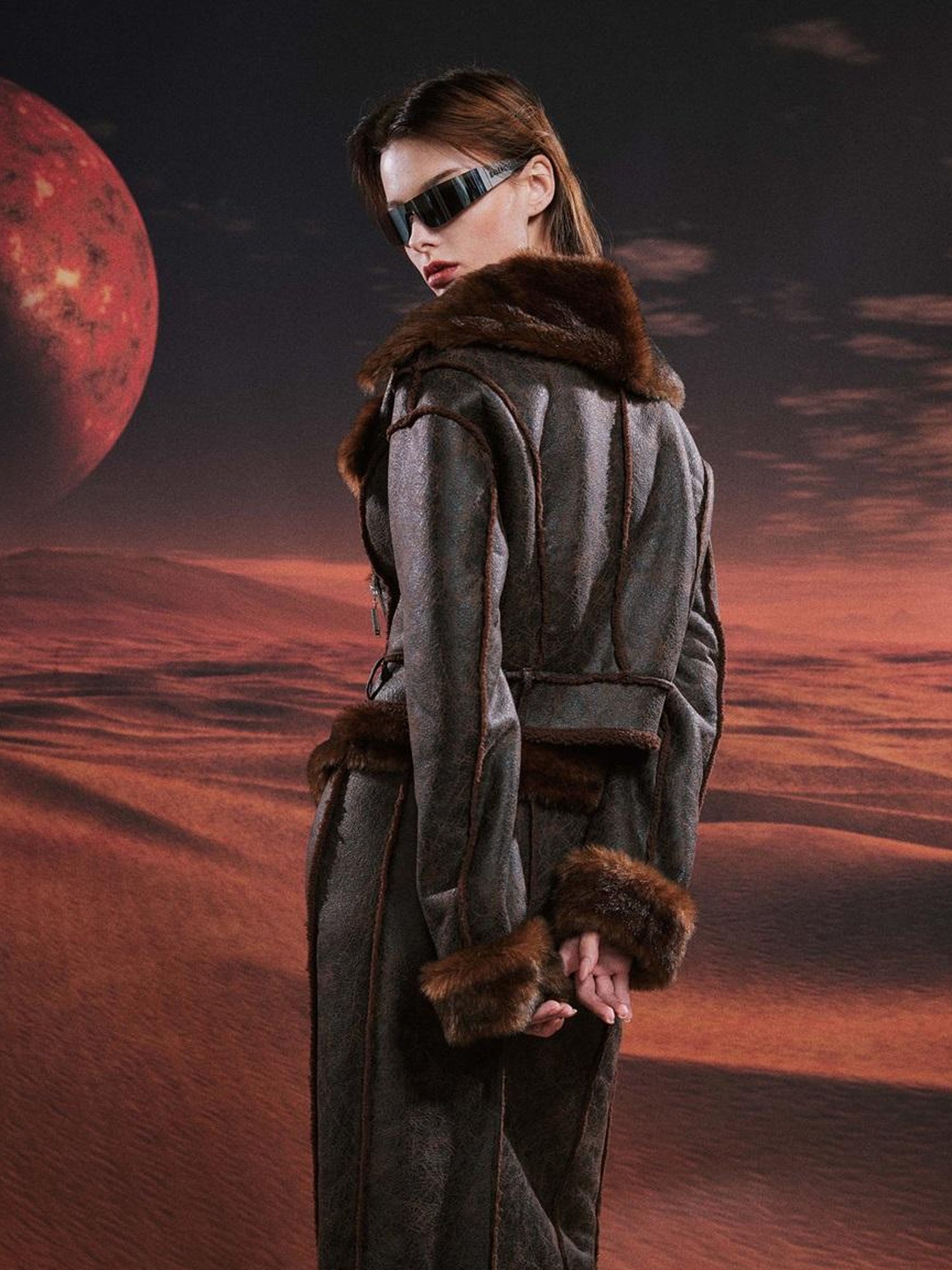 JYOSEI Brown Suede Like Faux Shearling Top And Skirt Set