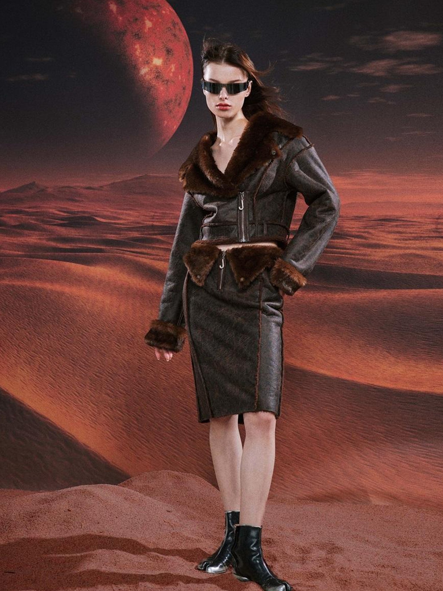 JYOSEI Brown Suede Like Faux Shearling Top And Skirt Set