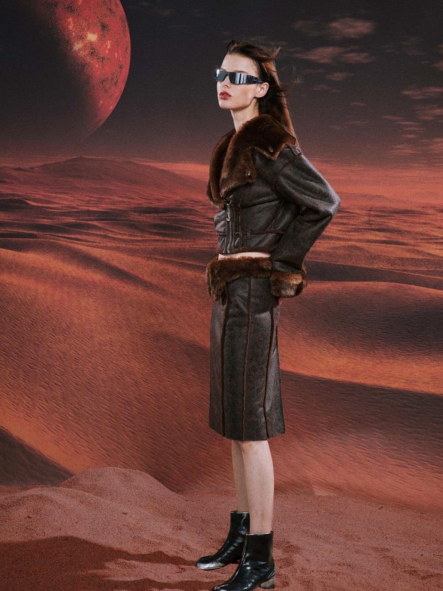 JYOSEI Brown Suede Like Faux Shearling Top And Skirt Set