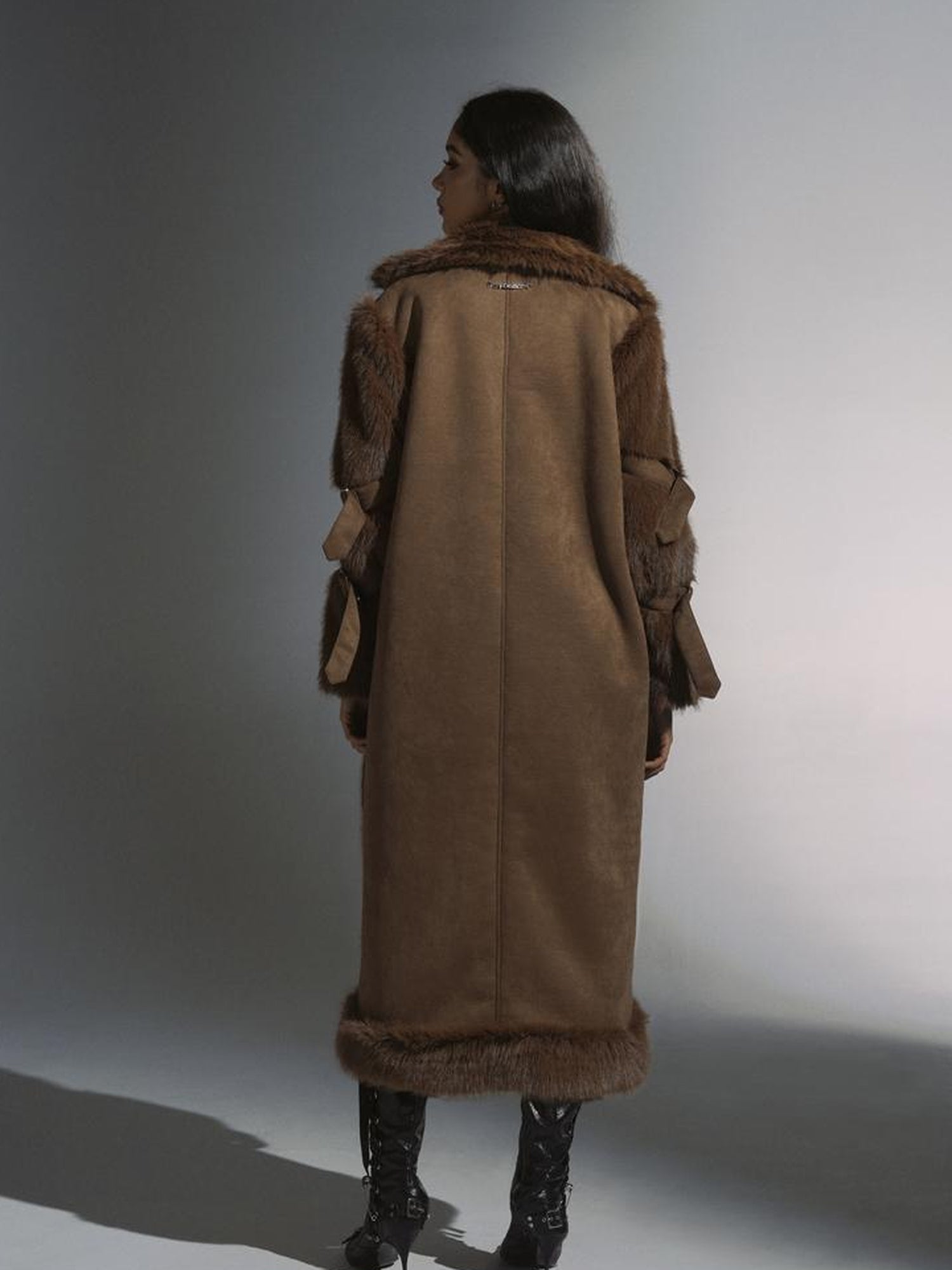 JYOSEI Brown Suede Like Long Shearling Coat With Faux Fur Sleeves