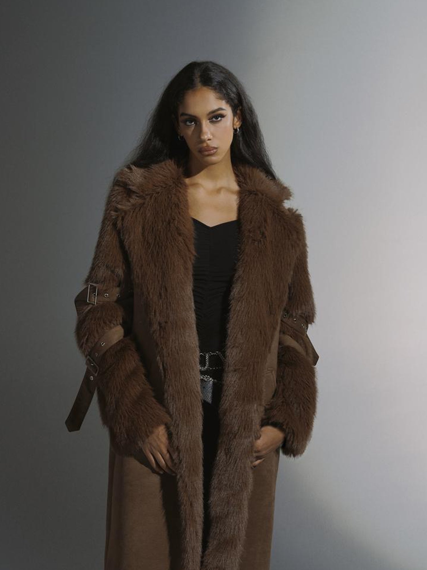 JYOSEI Brown Suede Like Long Shearling Coat With Faux Fur Sleeves