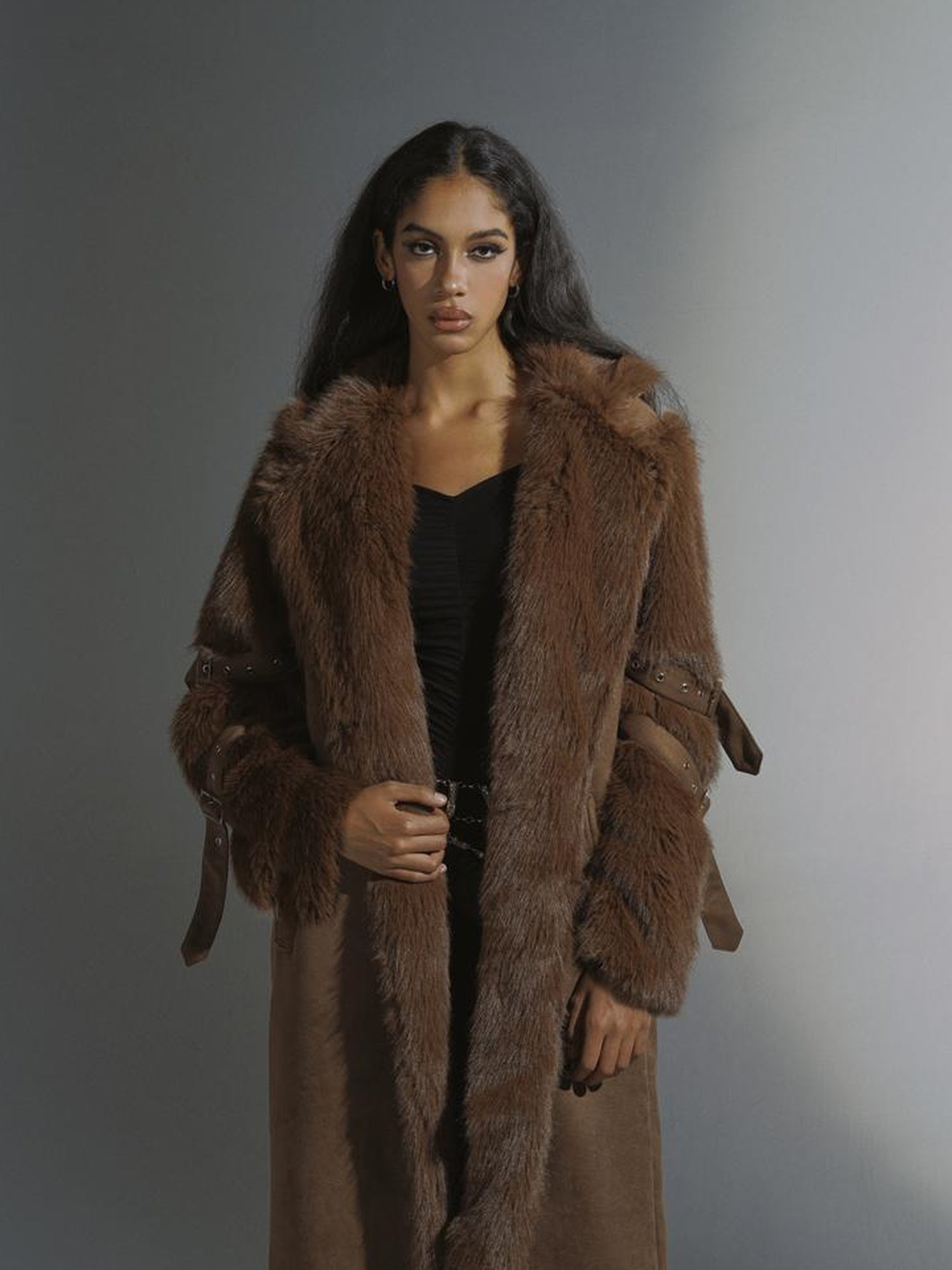 JYOSEI Brown Suede Like Long Shearling Coat With Faux Fur Sleeves