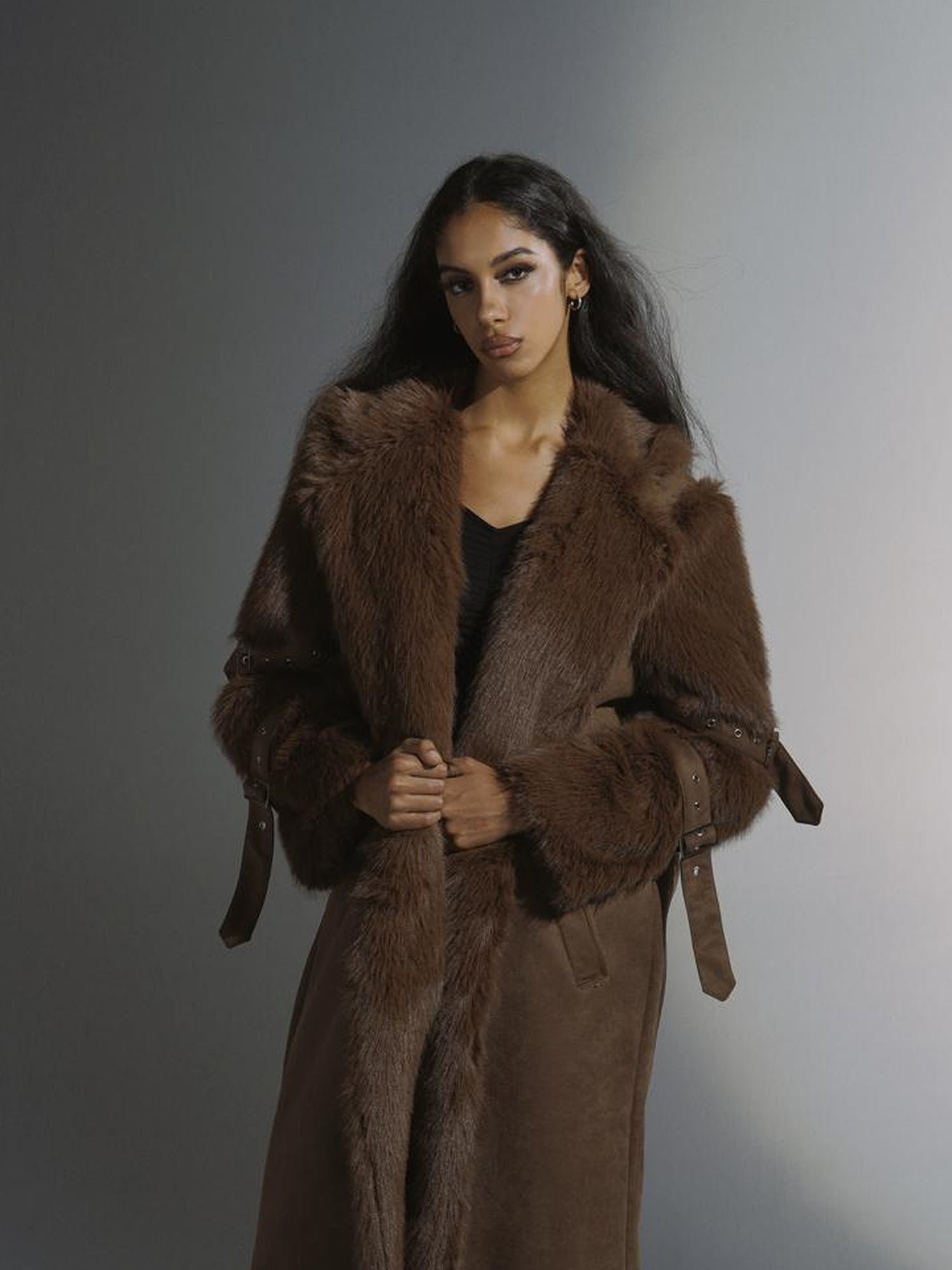 JYOSEI Brown Suede Like Long Shearling Coat With Faux Fur Sleeves