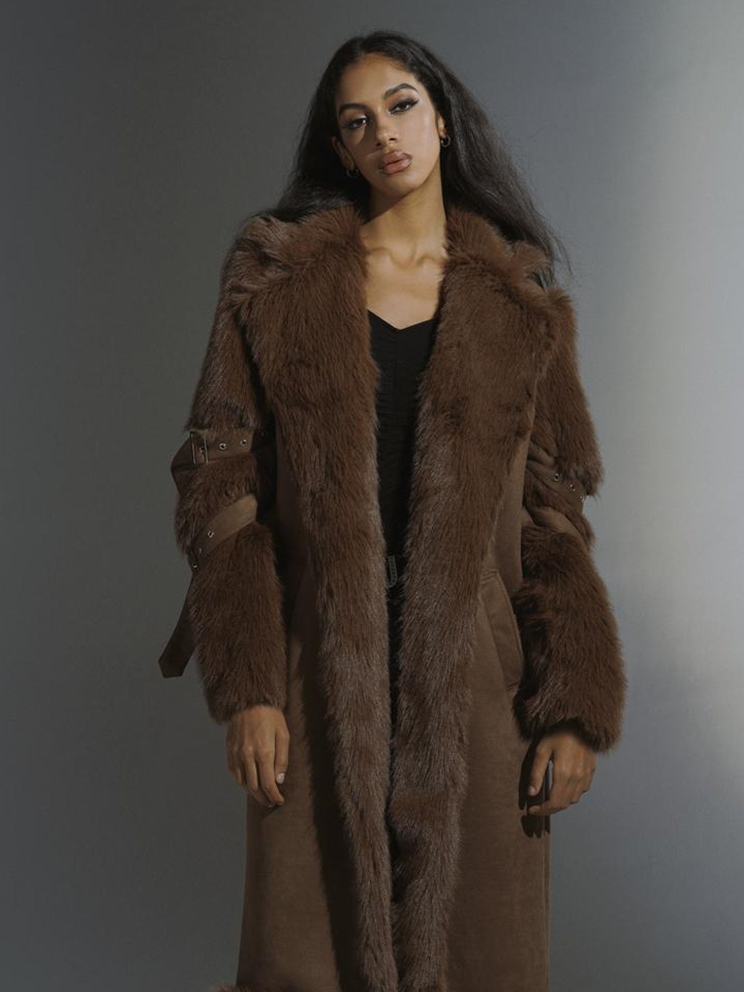 JYOSEI Brown Suede Like Long Shearling Coat With Faux Fur Sleeves