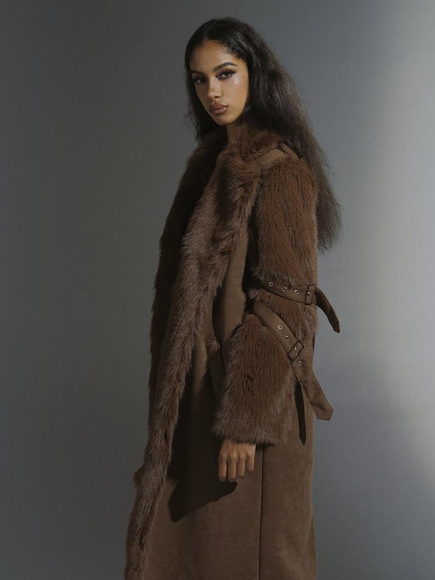 JYOSEI Brown Suede Like Long Shearling Coat With Faux Fur Sleeves