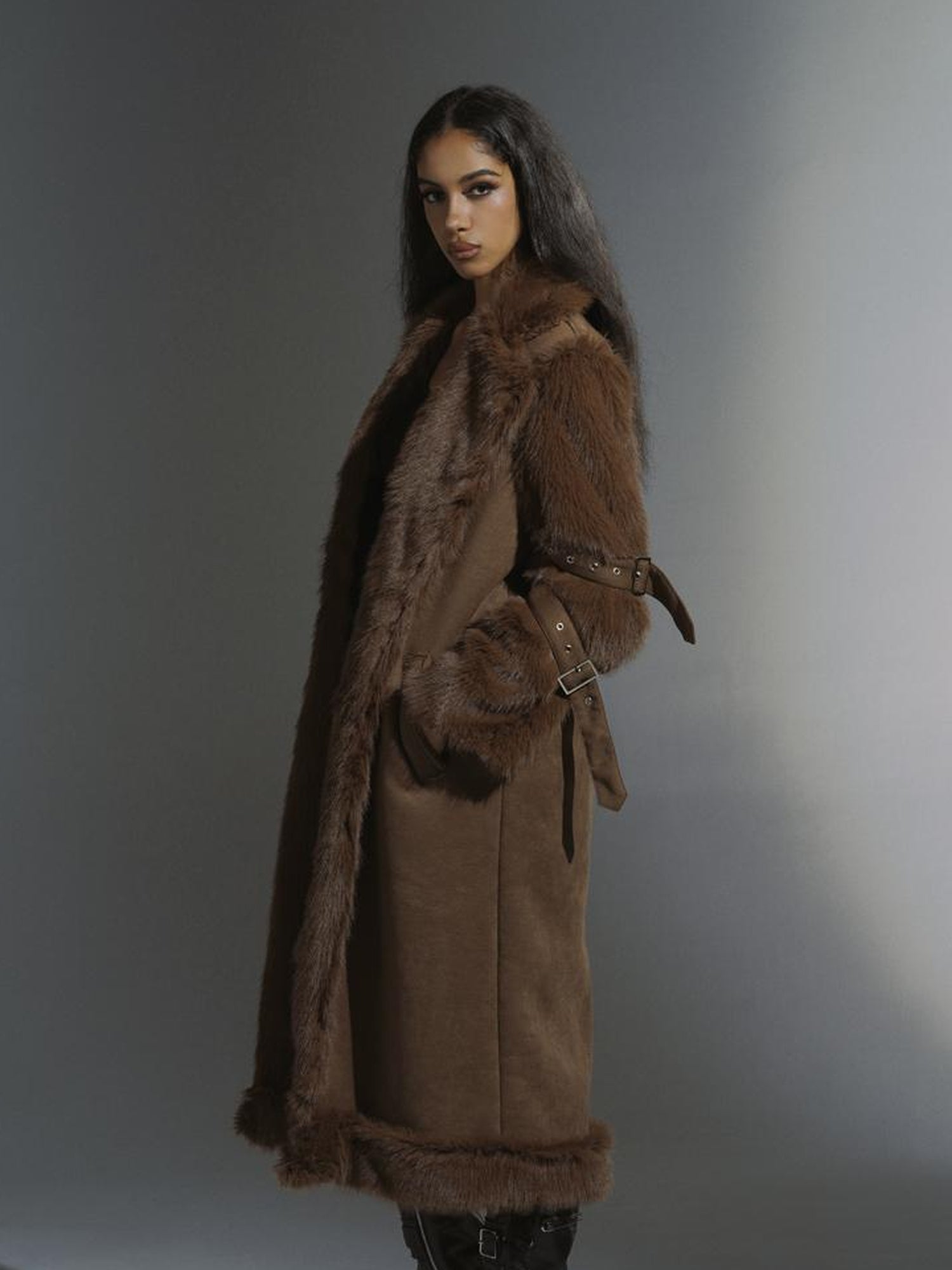 JYOSEI Brown Suede Like Long Shearling Coat With Faux Fur Sleeves