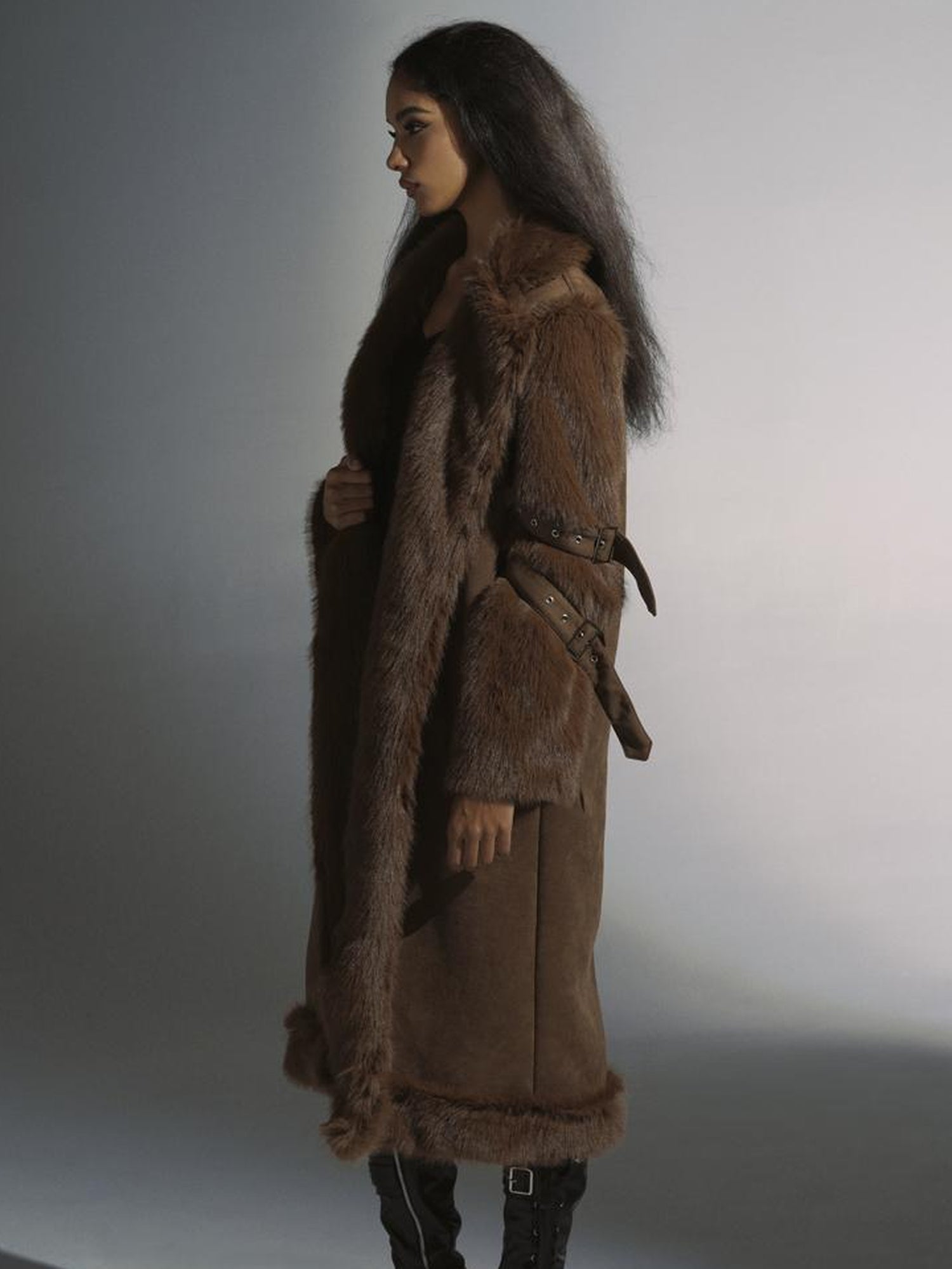 JYOSEI Brown Suede Like Long Shearling Coat With Faux Fur Sleeves