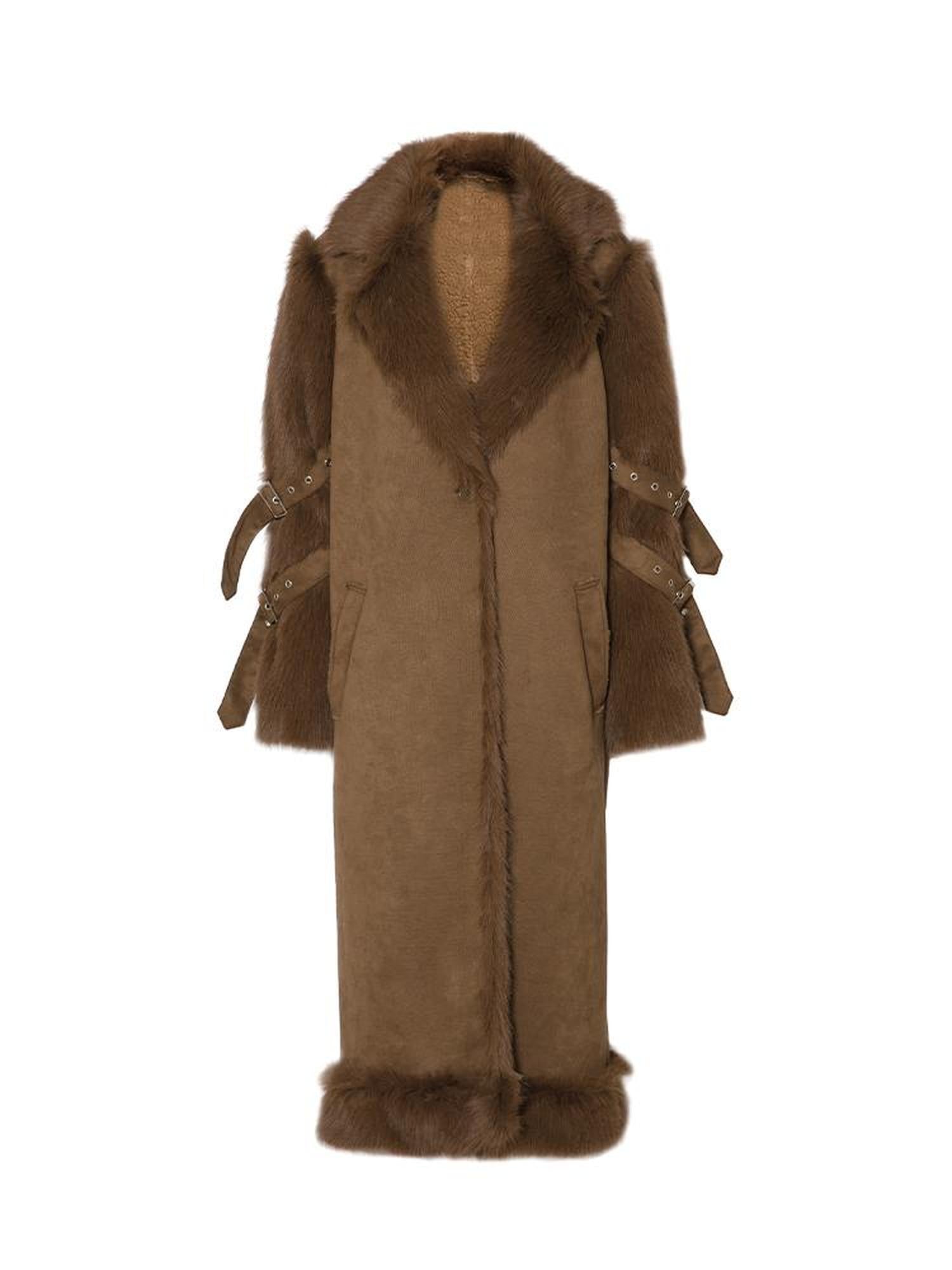 JYOSEI Brown Suede Like Long Shearling Coat With Faux Fur Sleeves