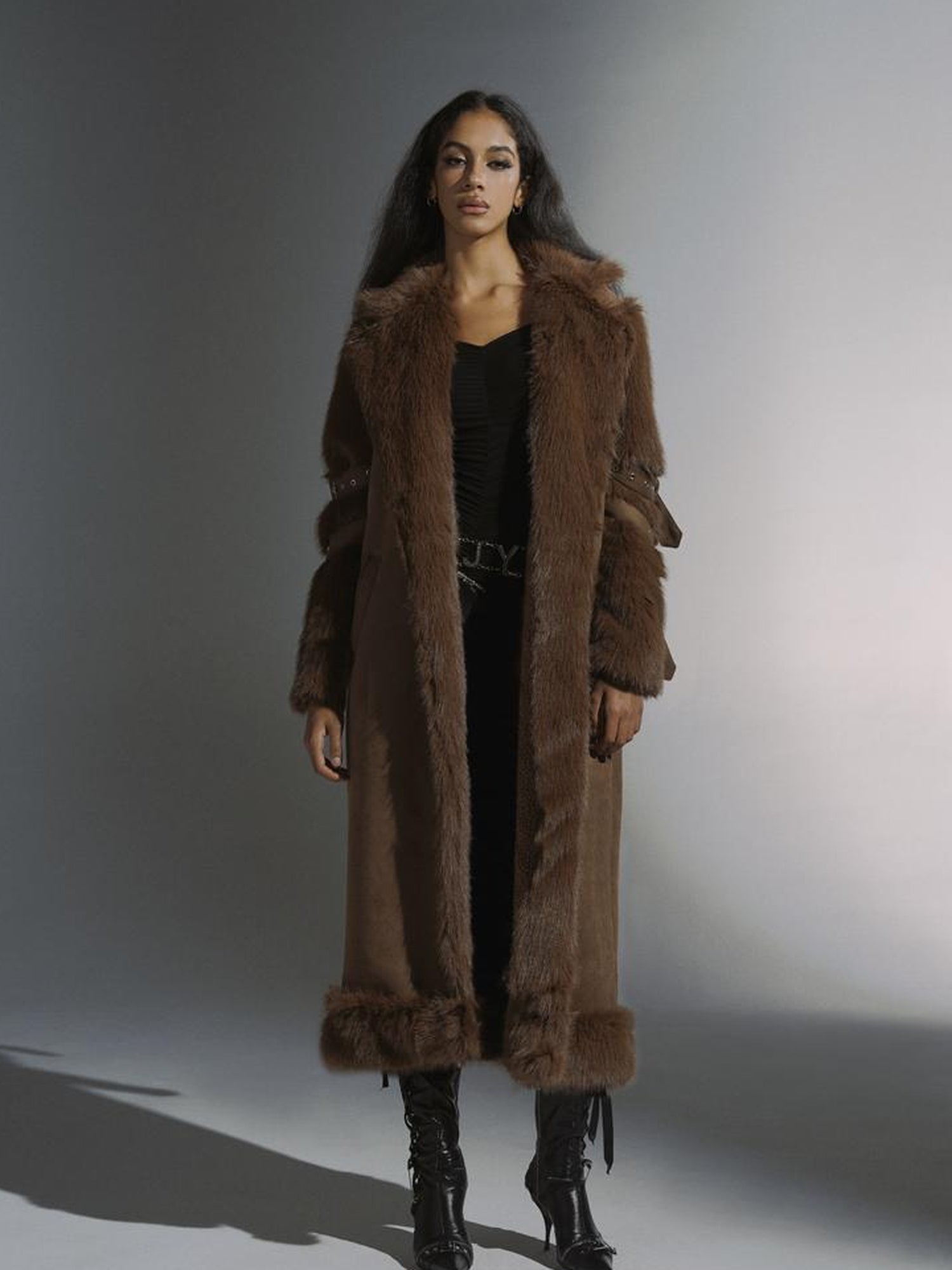 JYOSEI Brown Suede Like Long Shearling Coat With Faux Fur Sleeves