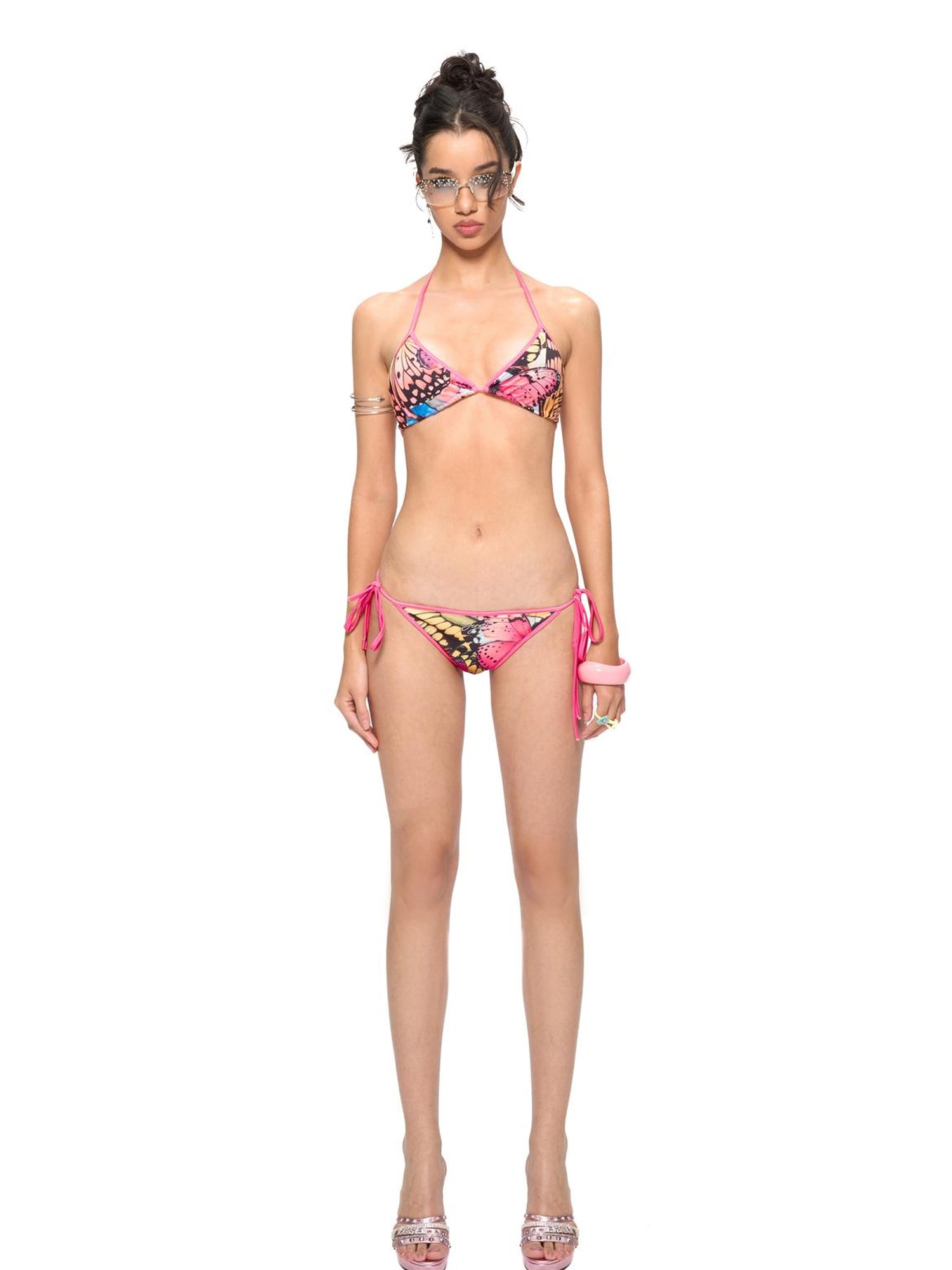JYOSEI Butterfly Print Triangle Bikini Set with Sheer Mesh Cover Up Dress