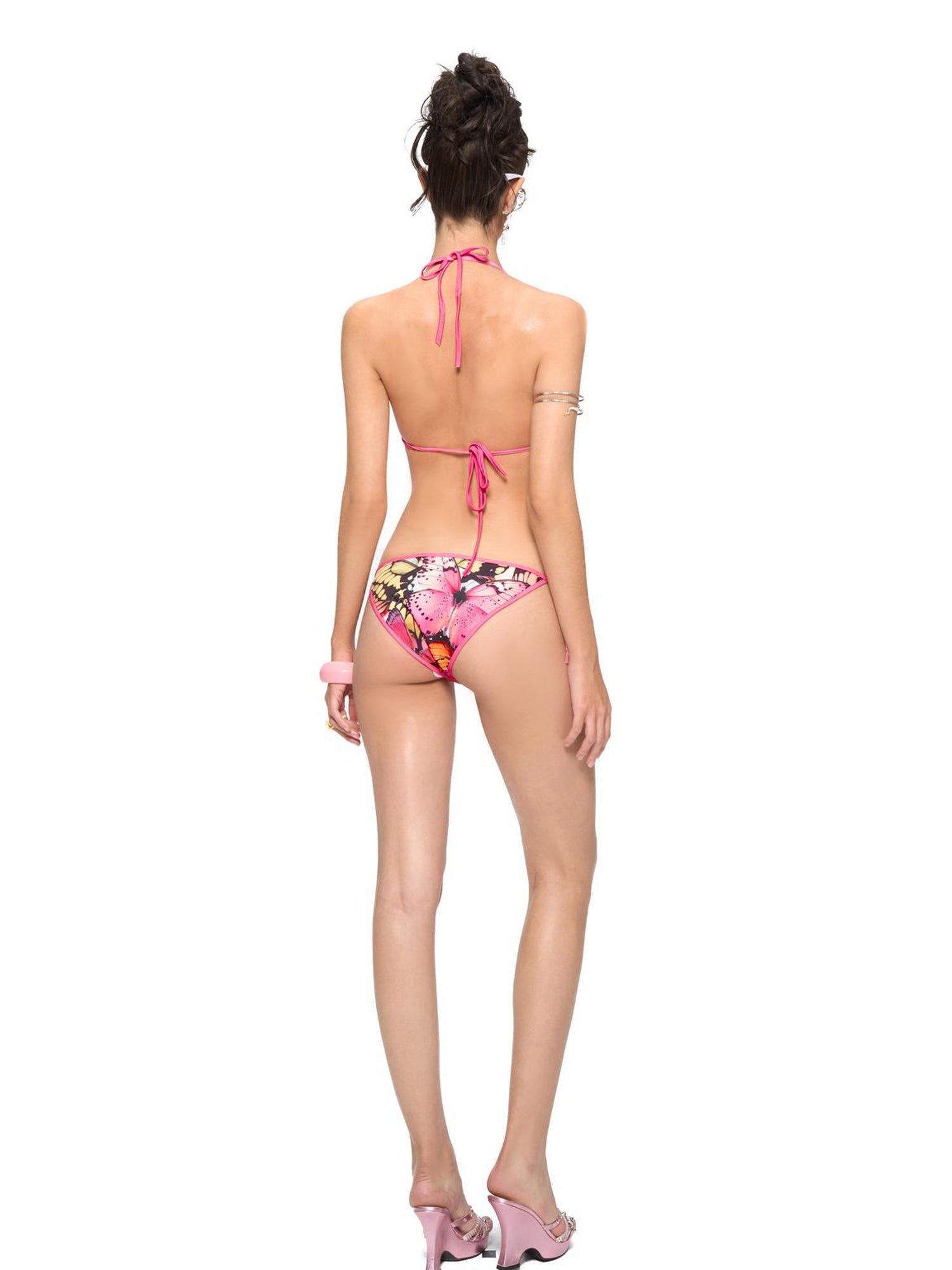 JYOSEI Butterfly Print Triangle Bikini Set with Sheer Mesh Cover Up Dress