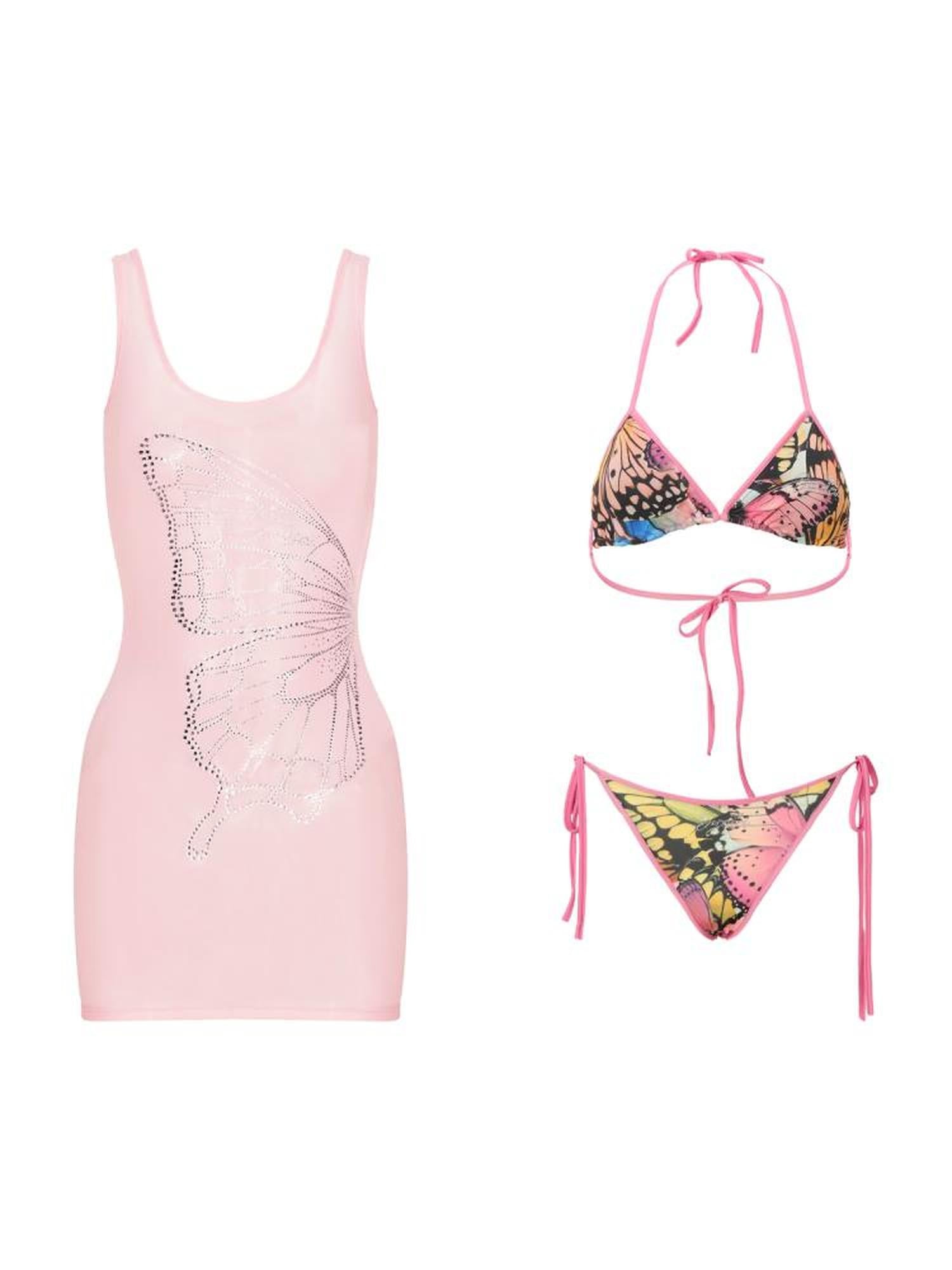 JYOSEI Butterfly Print Triangle Bikini Set with Sheer Mesh Cover Up Dress