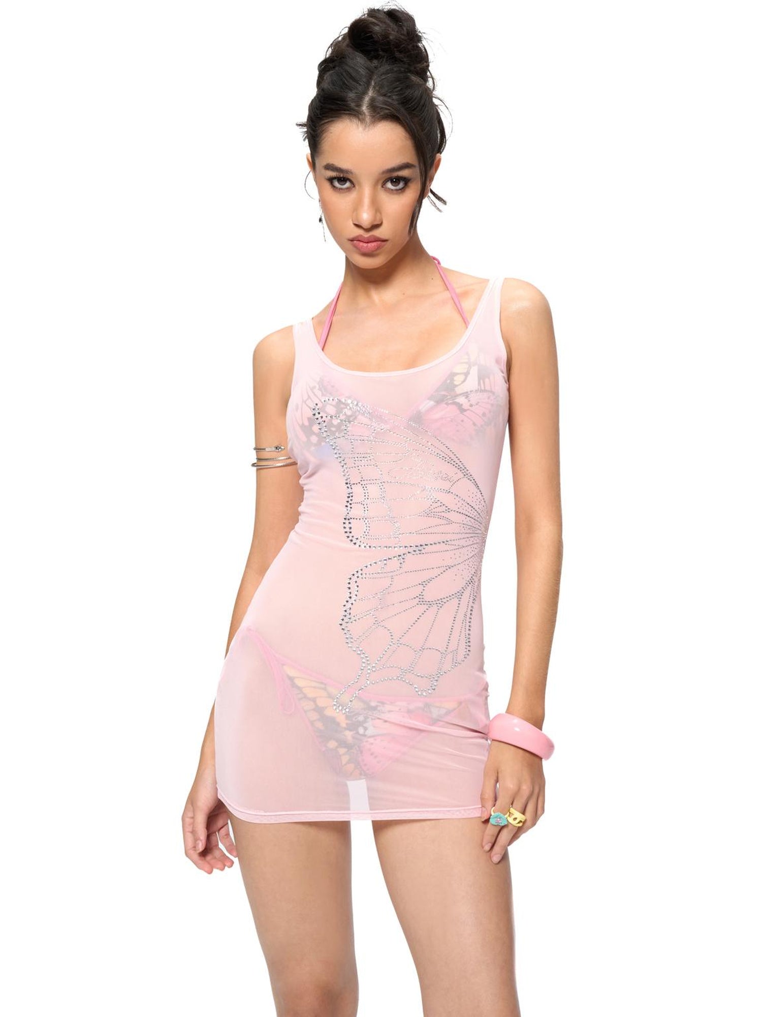 JYOSEI Butterfly Print Triangle Bikini Set with Sheer Mesh Cover Up Dress