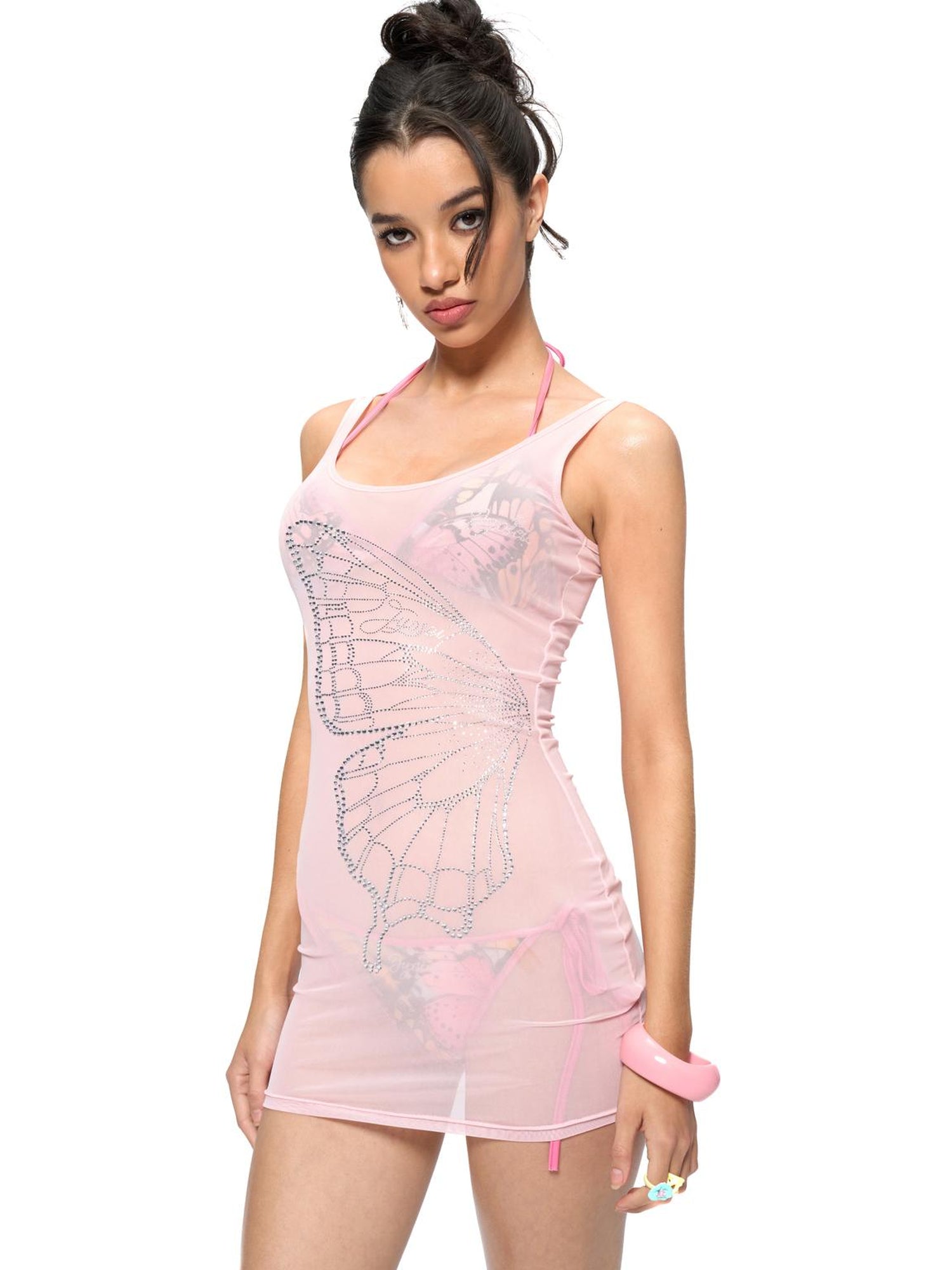 JYOSEI Butterfly Print Triangle Bikini Set with Sheer Mesh Cover Up Dress