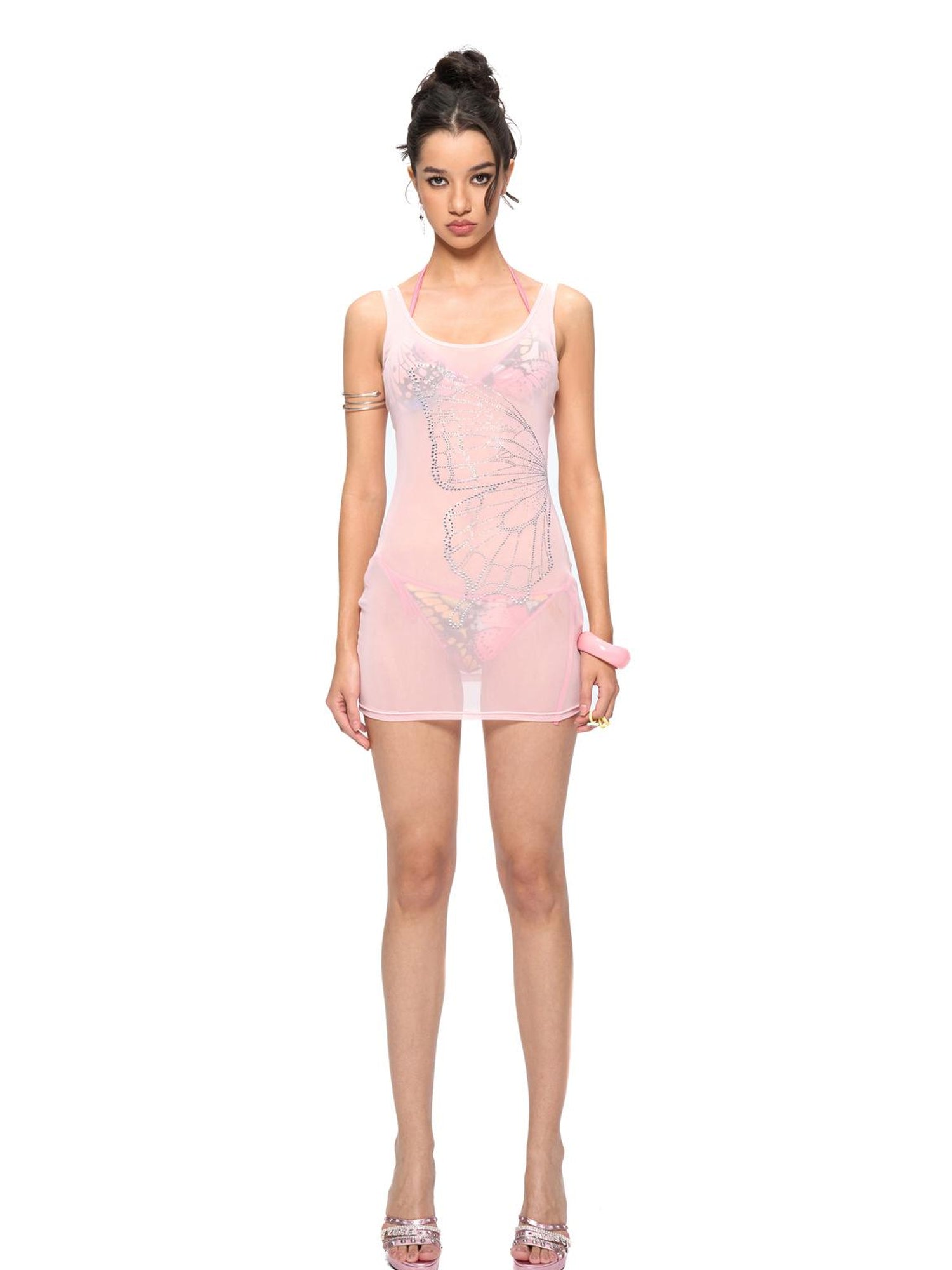 JYOSEI Butterfly Print Triangle Bikini Set with Sheer Mesh Cover Up Dress