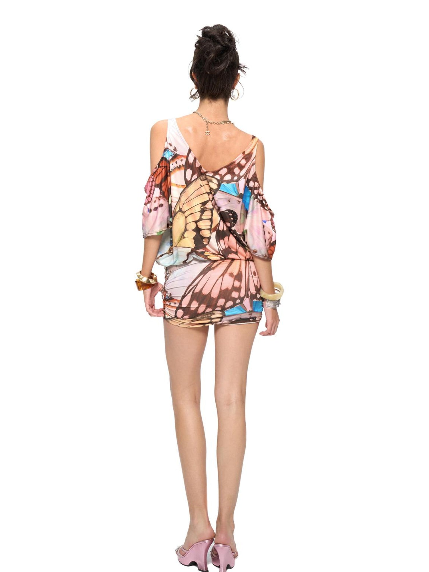 JYOSEI Butterfly Print V-Neck Off-Shoulder Batwing Sleeve Bodycon Dress