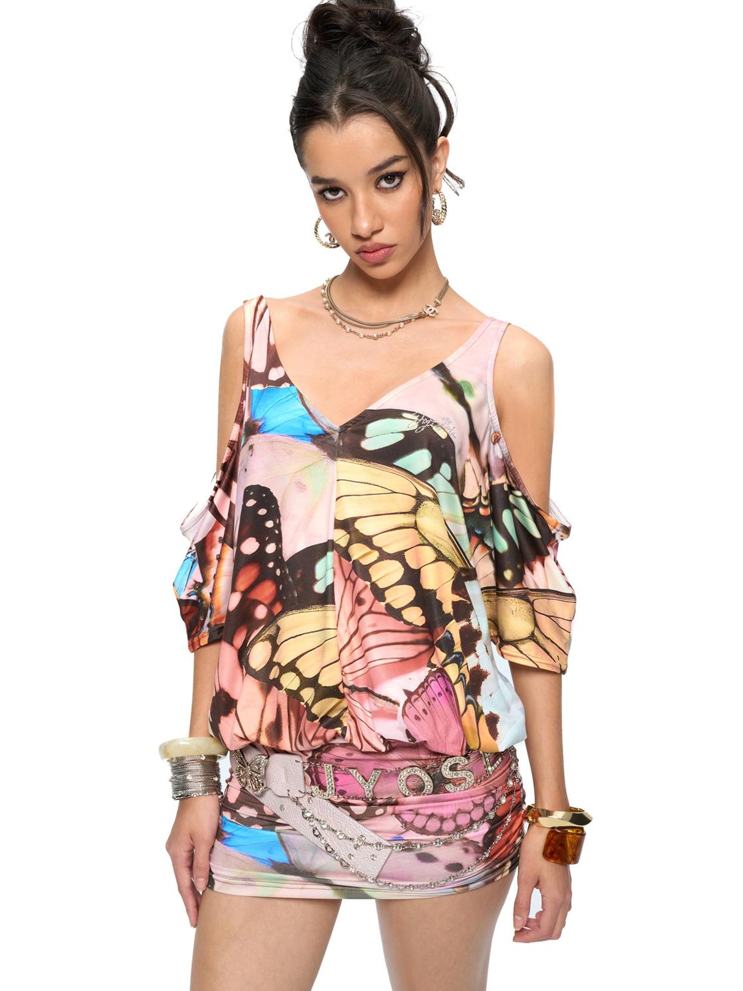 JYOSEI Butterfly Print V-Neck Off-Shoulder Batwing Sleeve Bodycon Dress