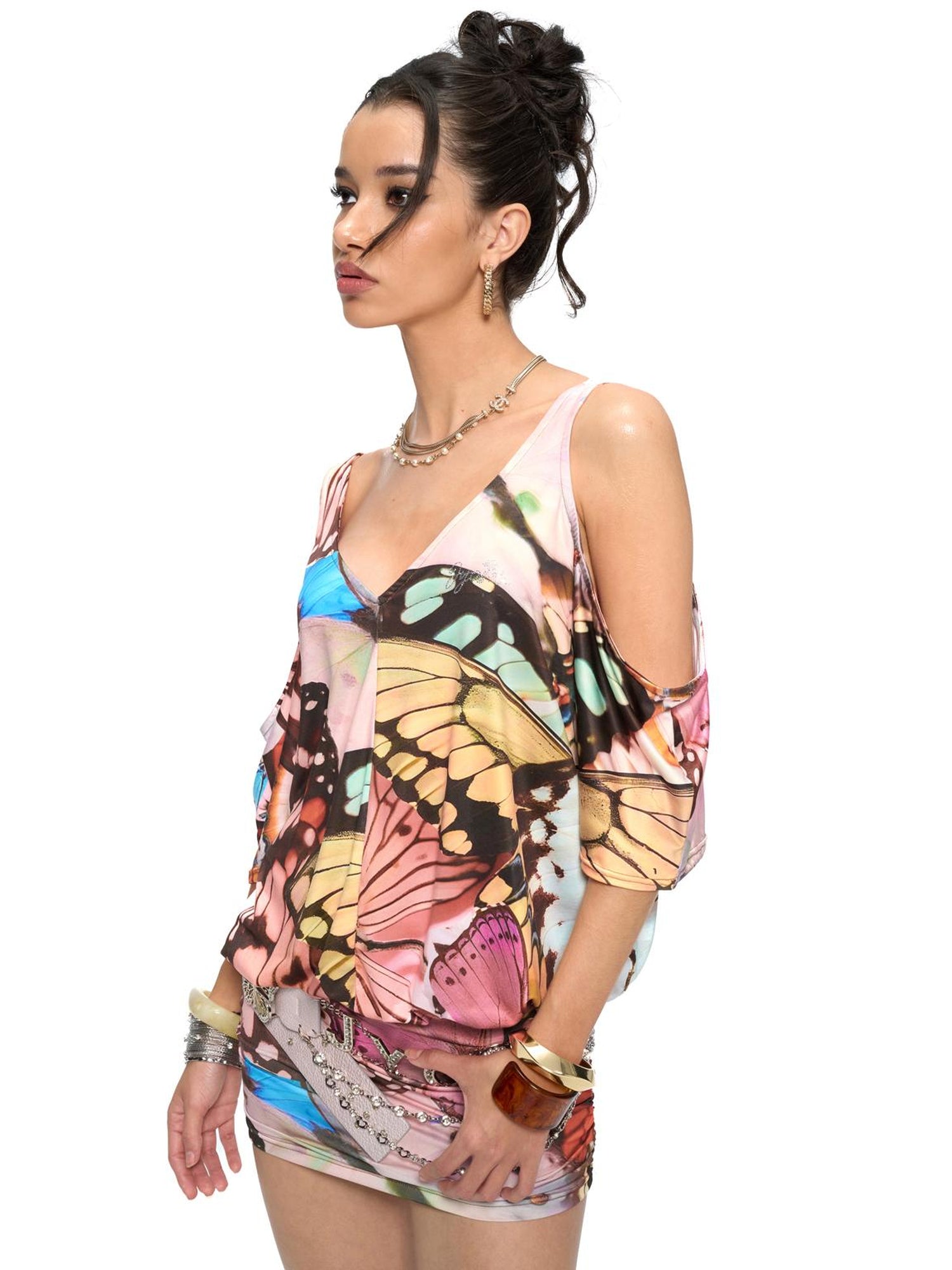 JYOSEI Butterfly Print V-Neck Off-Shoulder Batwing Sleeve Bodycon Dress