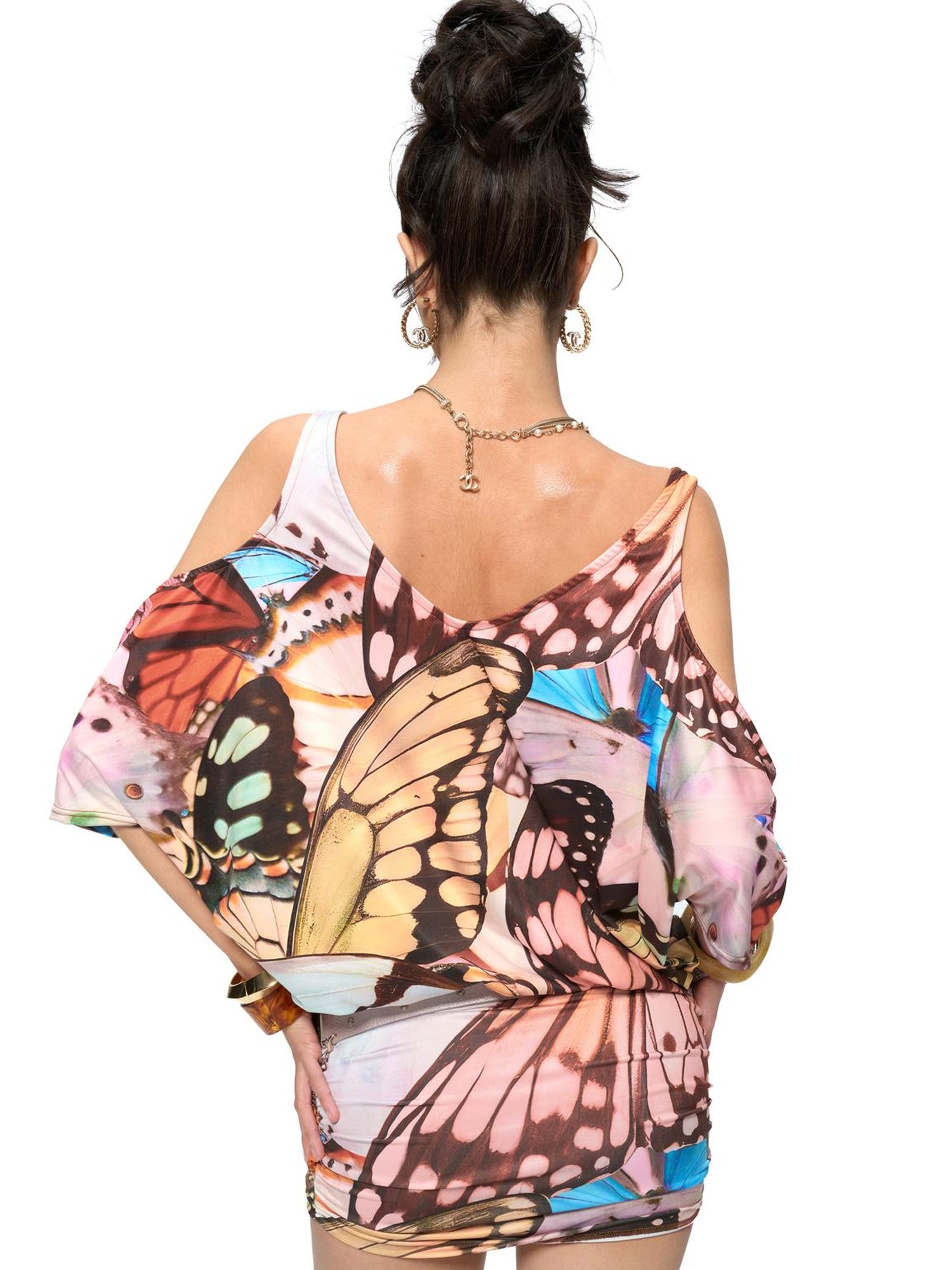 JYOSEI Butterfly Print V-Neck Off-Shoulder Batwing Sleeve Bodycon Dress