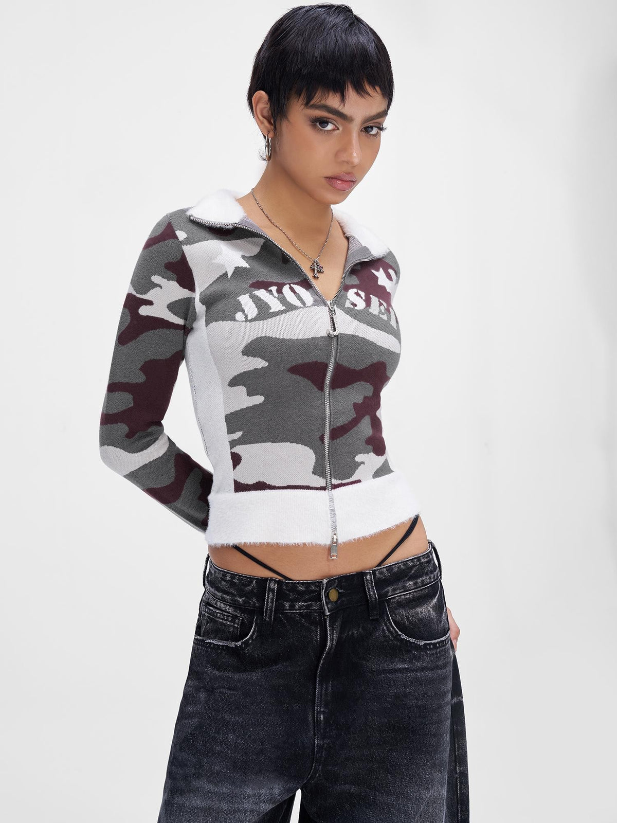 JYOSEI Camouflage Patchwork Knit High Neck Women&