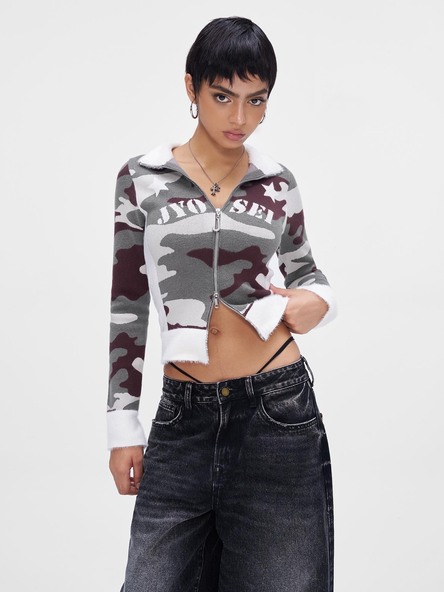 JYOSEI Camouflage Patchwork Knit High Neck Women&